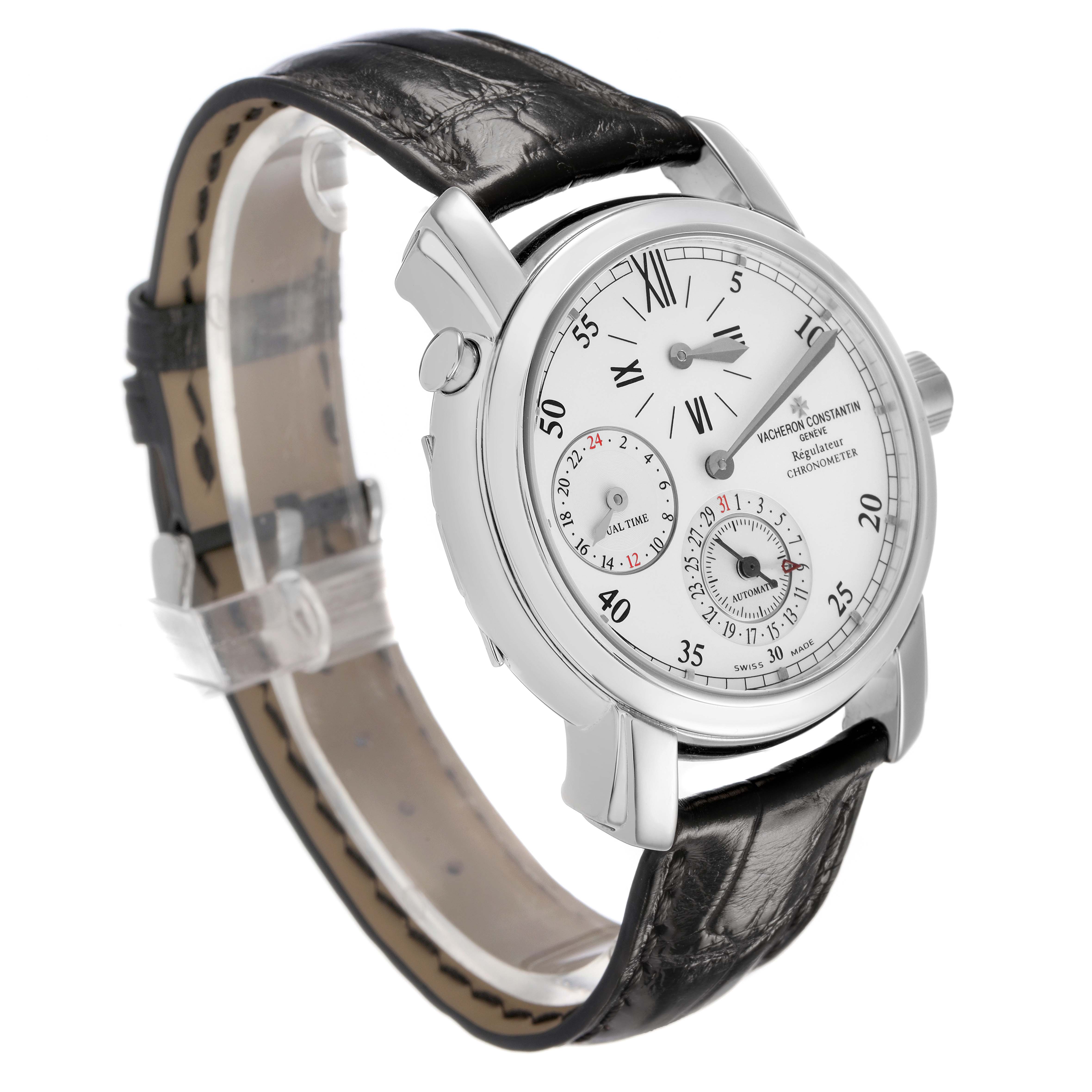 The Vacheron Constantin Malte 42005 Men's White Gold Silver Dial watch is shown at a three-quarter angle highlighting the dial, case, and leather strap.