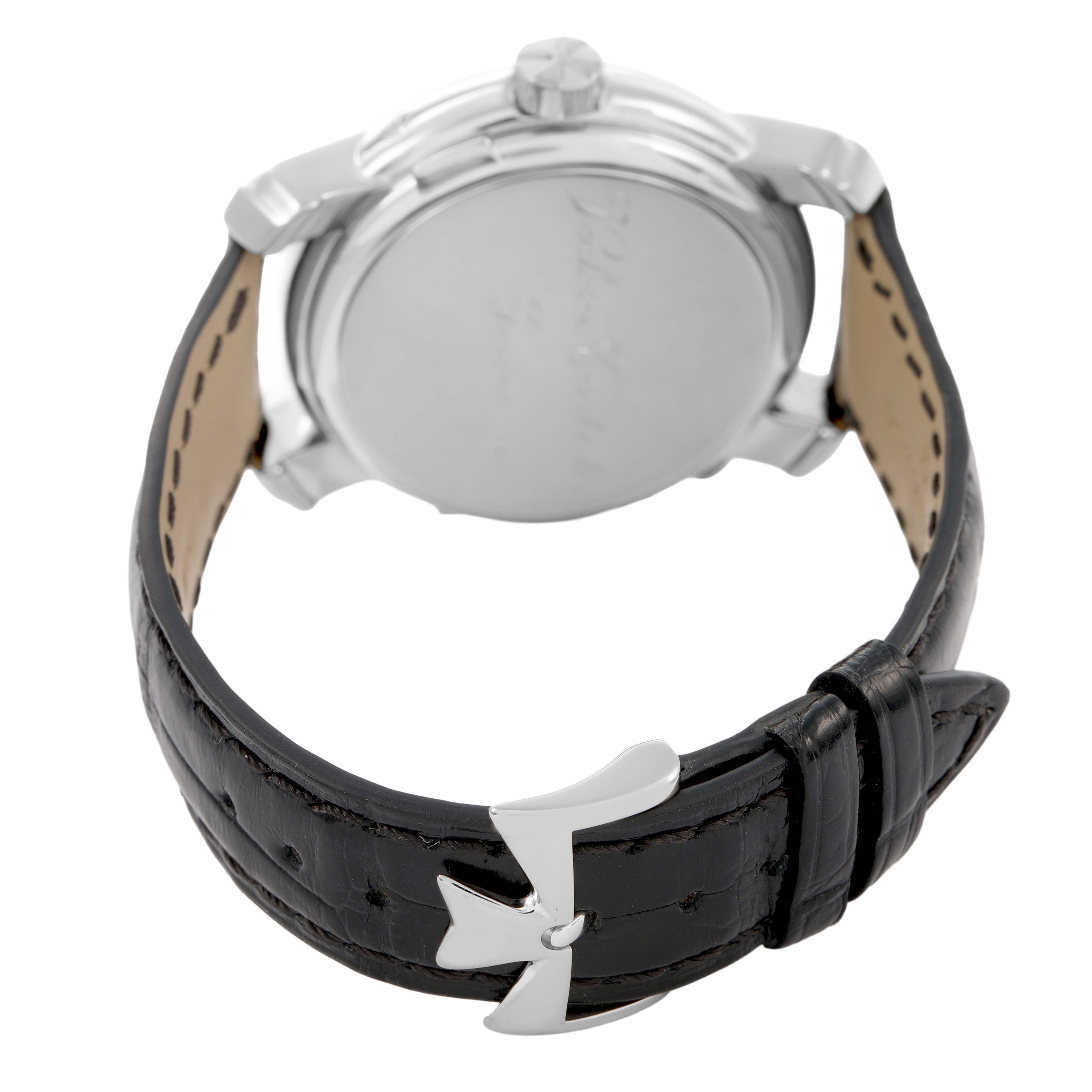 The Vacheron Constantin Malte 42005 Men's White Gold Silver Dial watch is shown from the back, displaying the leather strap and buckle.