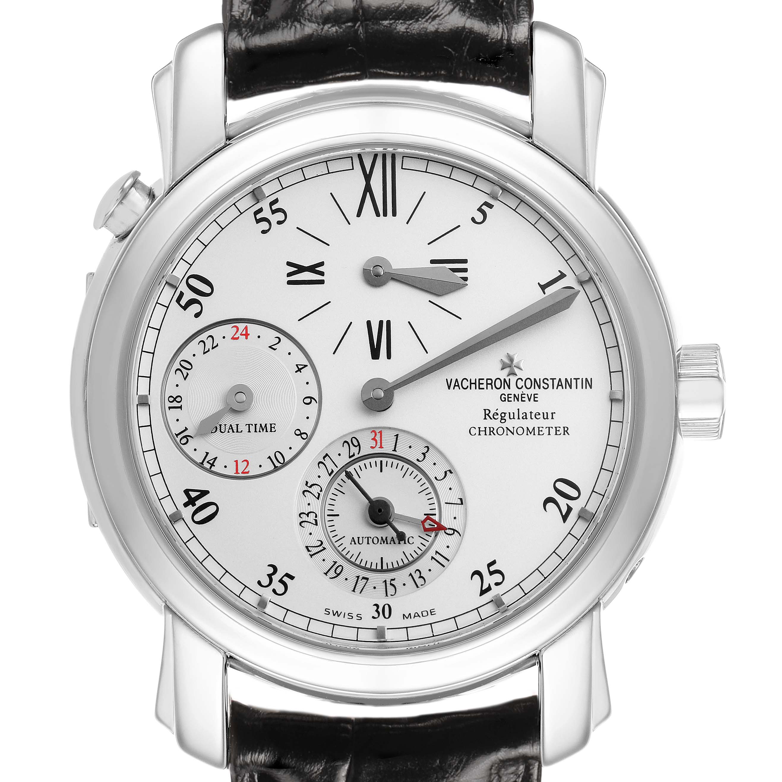The Vacheron Constantin Malte 42005 Men's White Gold Silver Dial watch is shown from a front angle, highlighting the dial, subdials, and leather strap.