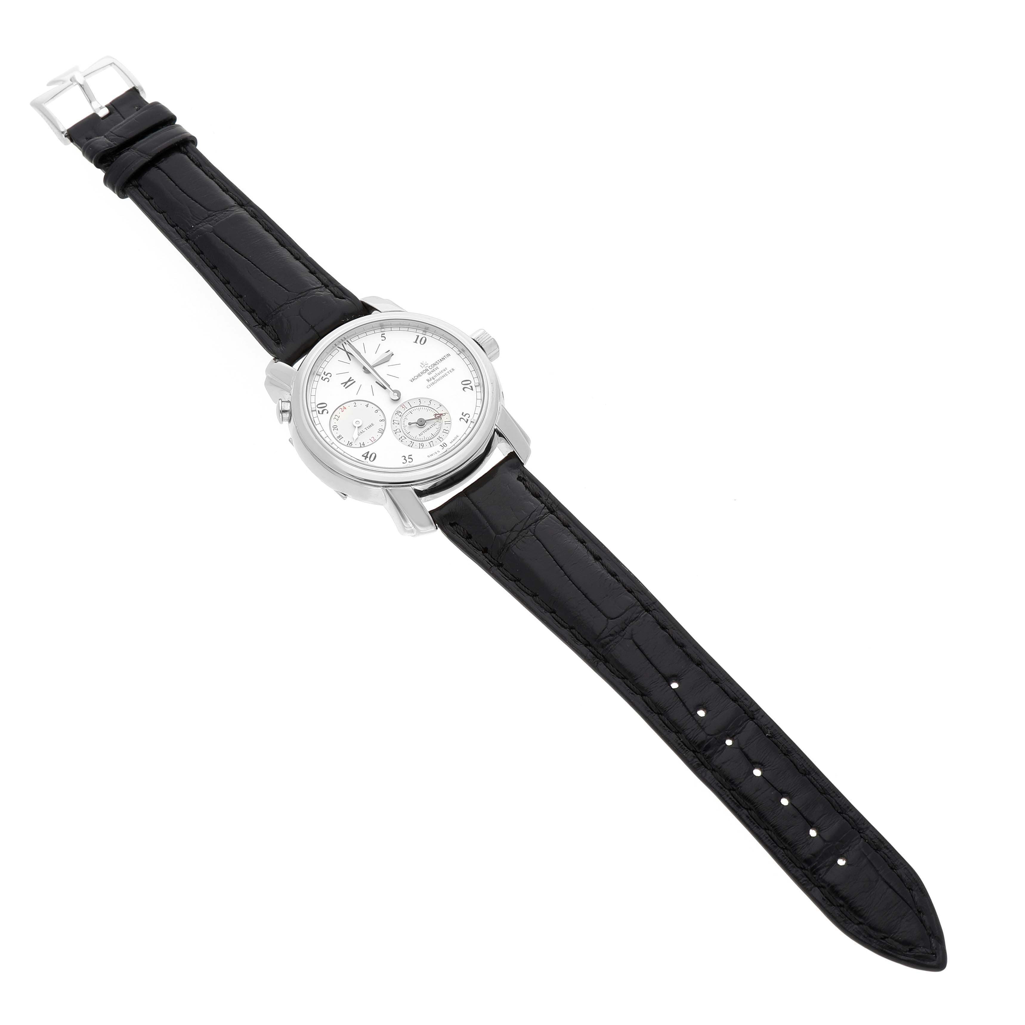 The Vacheron Constantin Malte 42005 Men's White Gold Silver Dial watch is shown from a top-down angle, displaying the face, case, and black leather strap.