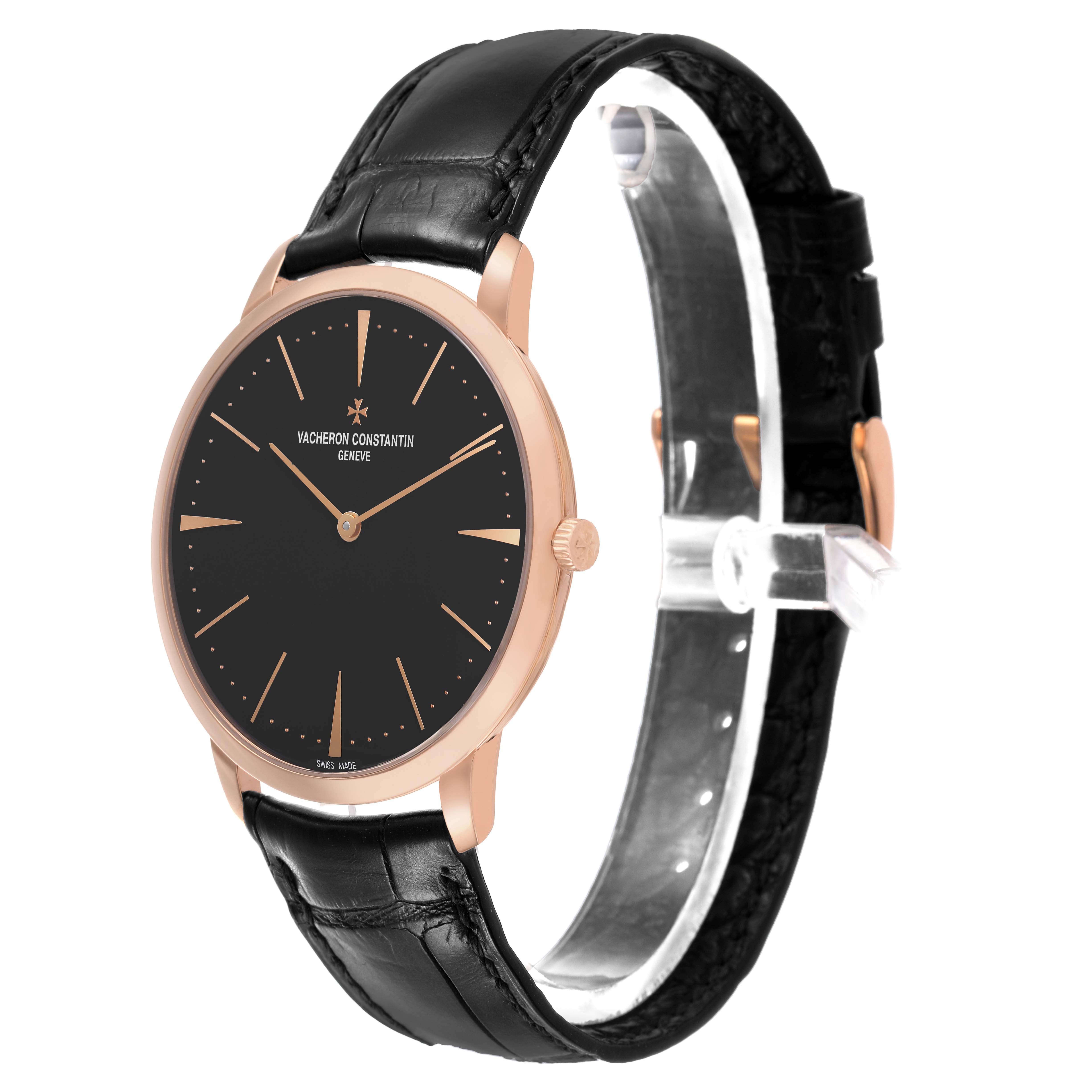 The Vacheron Constantin Patrimony 81180 Men's Rose Gold Grey Dial watch is shown at a three-quarter angle highlighting the black dial, rose gold case, and leather strap.