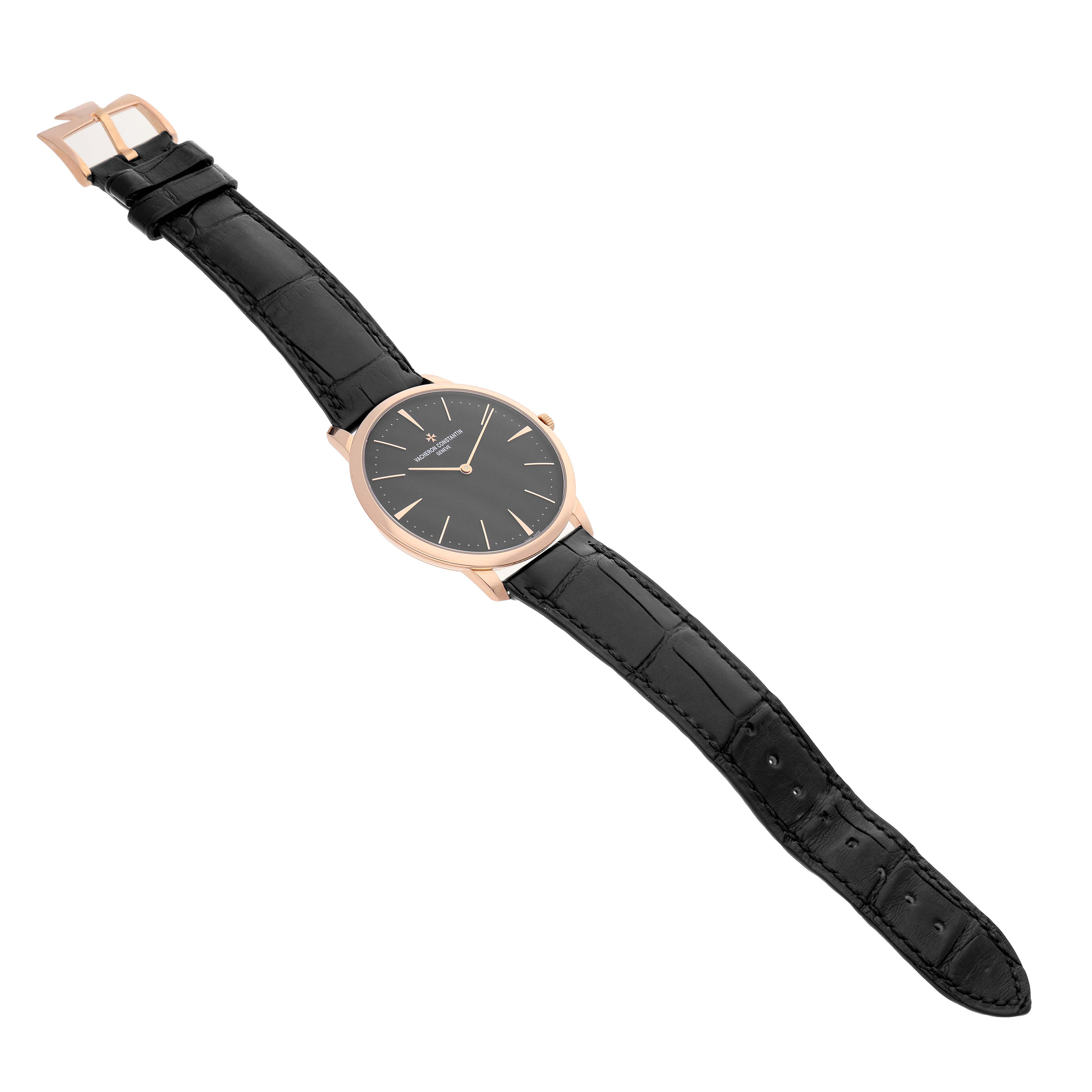 The Vacheron Constantin Patrimony 81180 Men's Rose Gold Grey Dial watch is displayed at an angled top view, showcasing its black leather strap and rose gold case.