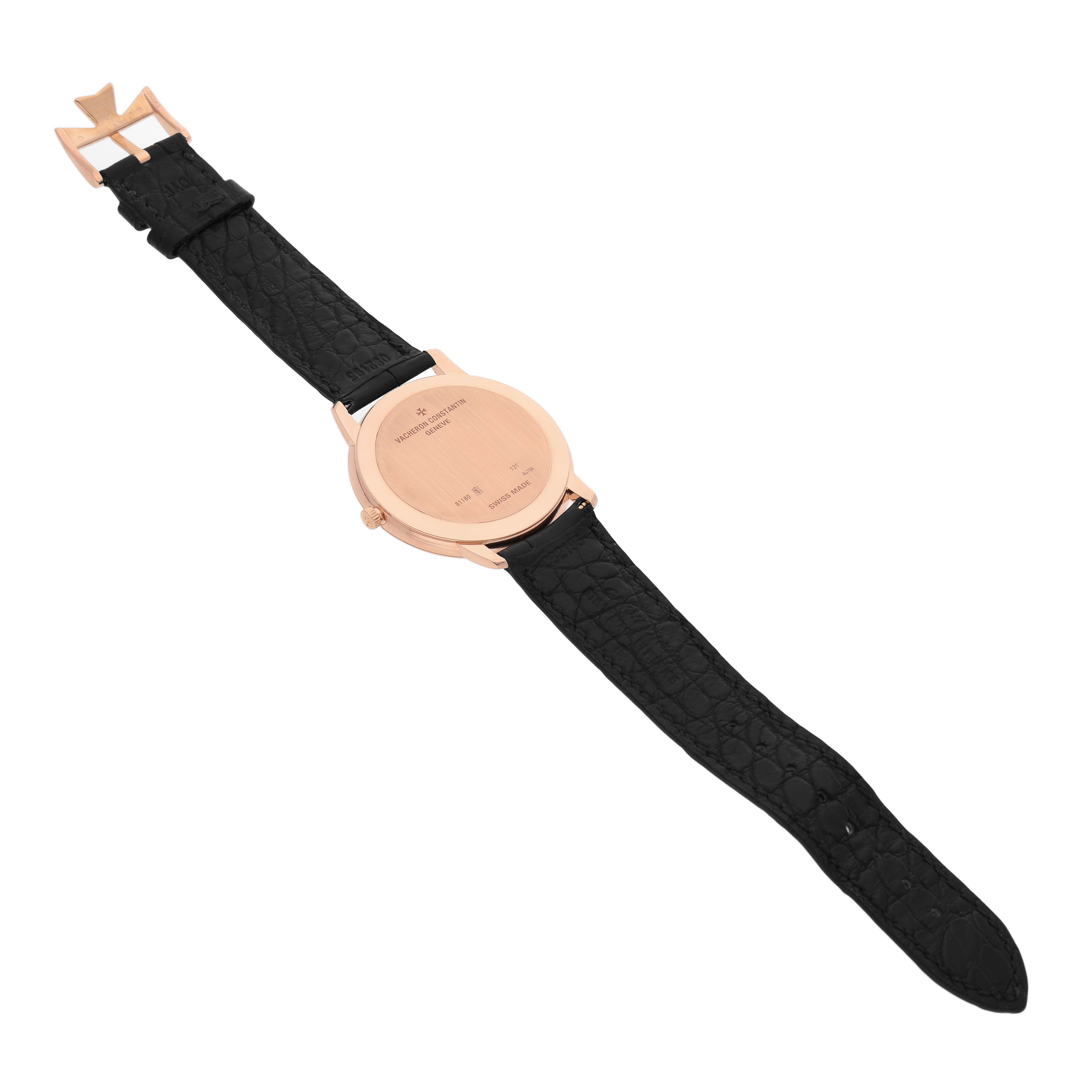 The image shows the back of a Vacheron Constantin Patrimony 81180 Men's Rose Gold Grey Dial watch with a black strap, highlighting the rose-gold case and clasp.