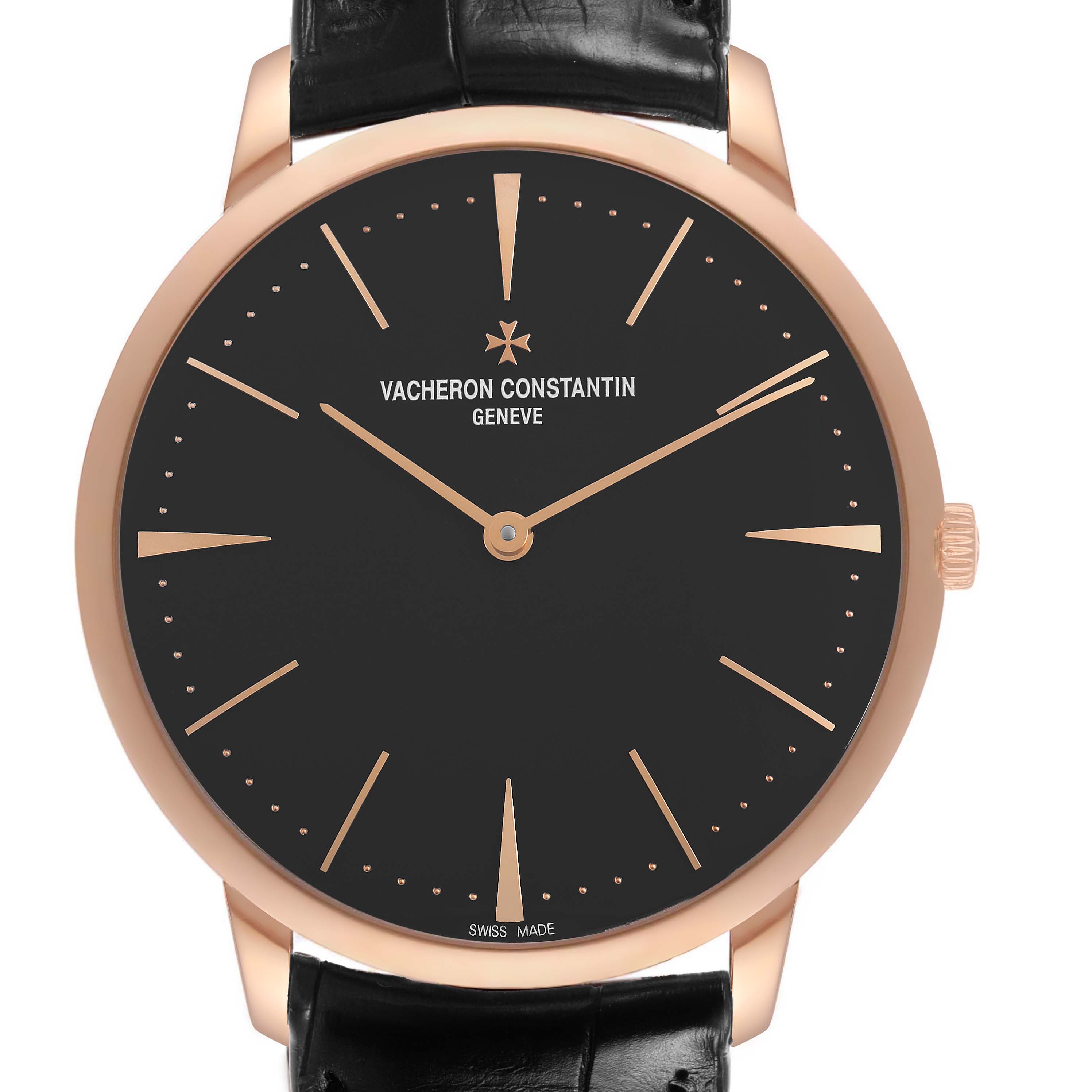 The Vacheron Constantin Patrimony 81180 Men's Rose Gold Grey Dial watch is shown from the front, highlighting the dial, hands, and crown.