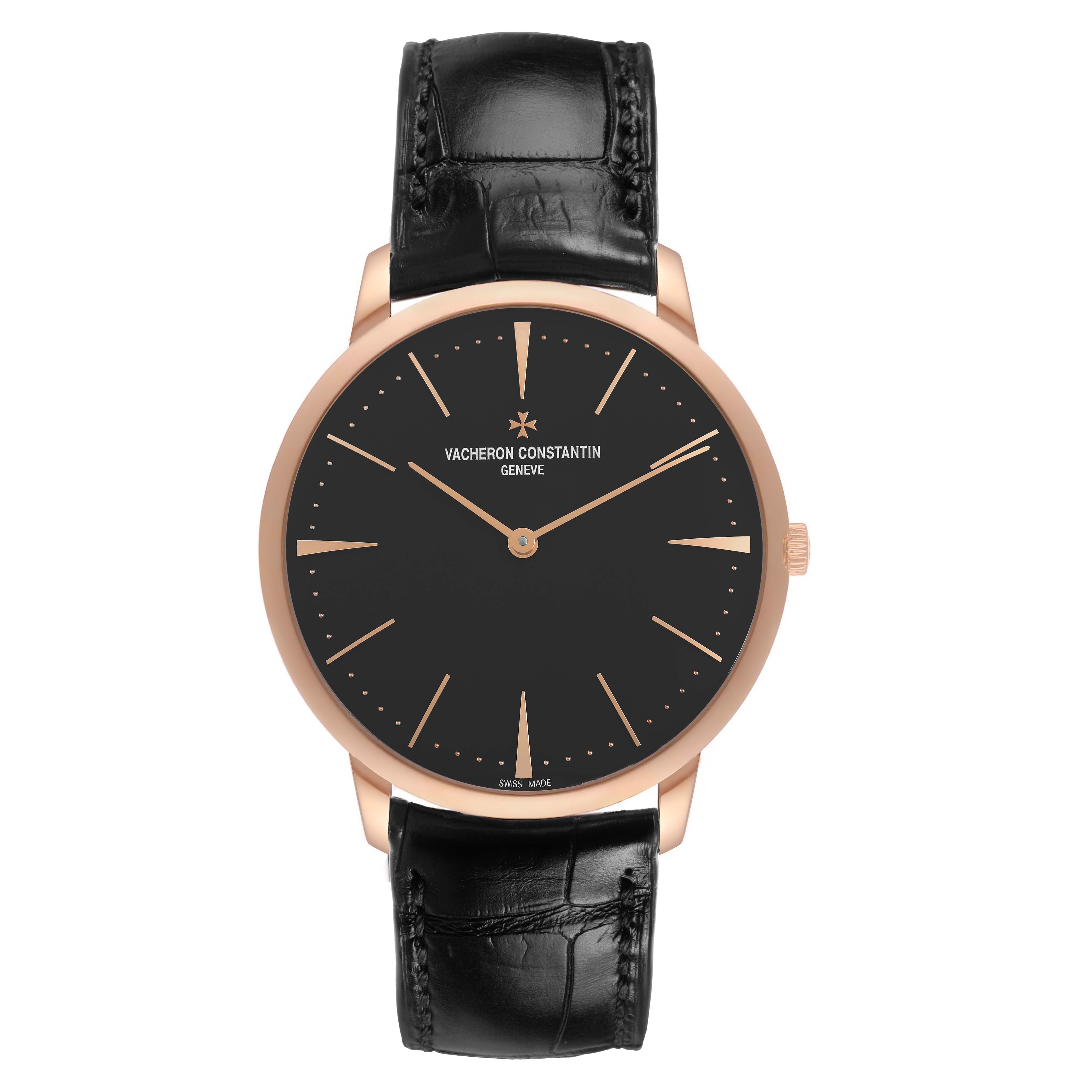 The Vacheron Constantin Patrimony 81180 Men's Rose Gold Grey Dial watch is shown from the front, displaying its round dial, hands, markers, and leather strap.