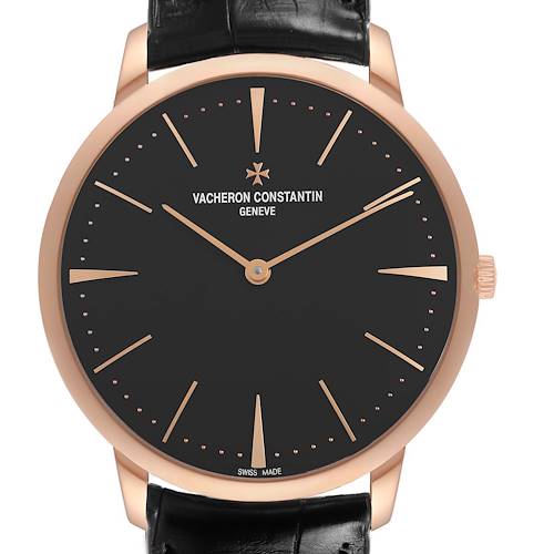 This Vacheron Constantin Patrimony 81180 Men's Rose Gold Grey Dial watch is shown from the front, highlighting its dial, case, and crown with a leather strap.