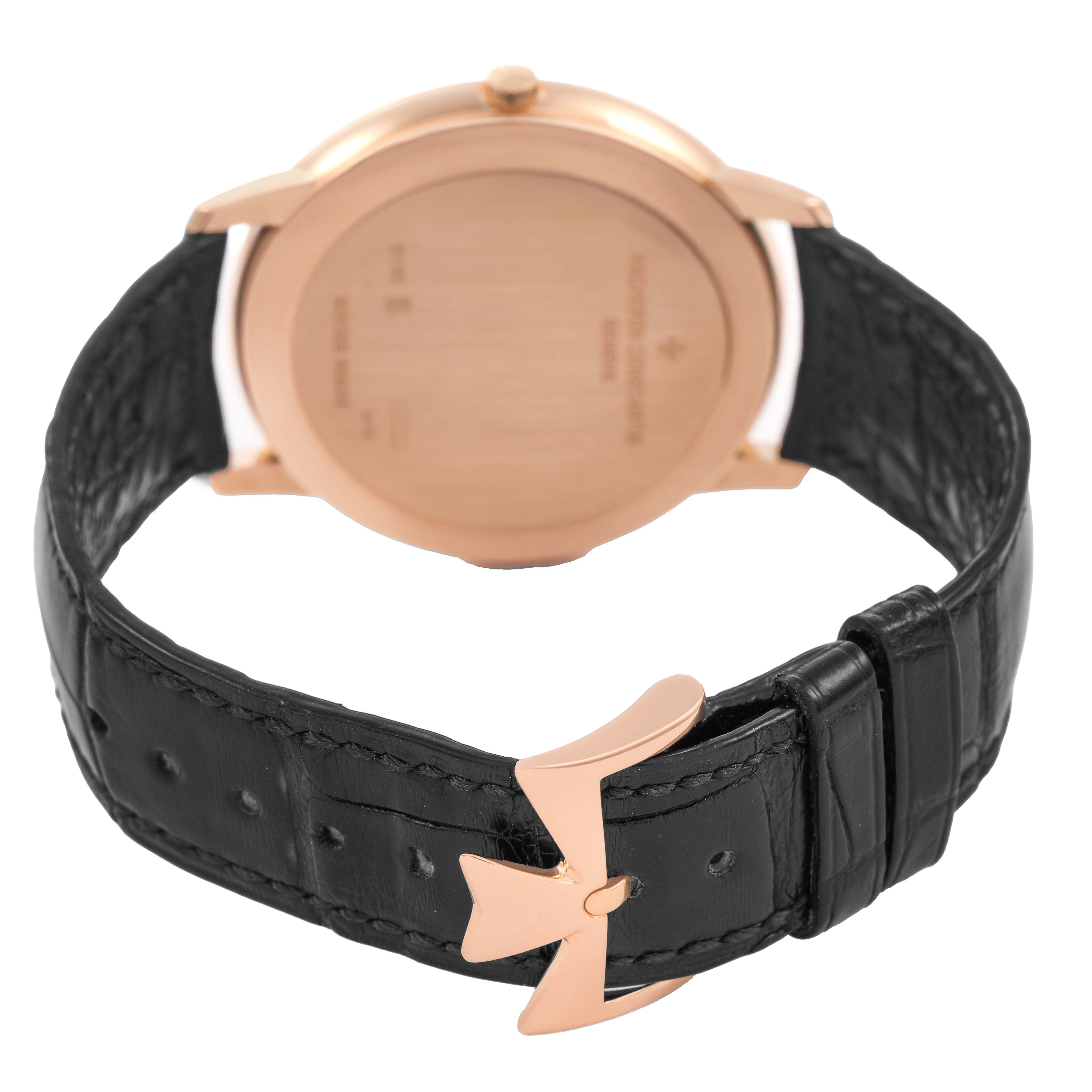 The image shows the backside and clasp of a Vacheron Constantin Patrimony 81180 Men's Rose Gold Grey Dial watch, highlighting the strap and clasp design.