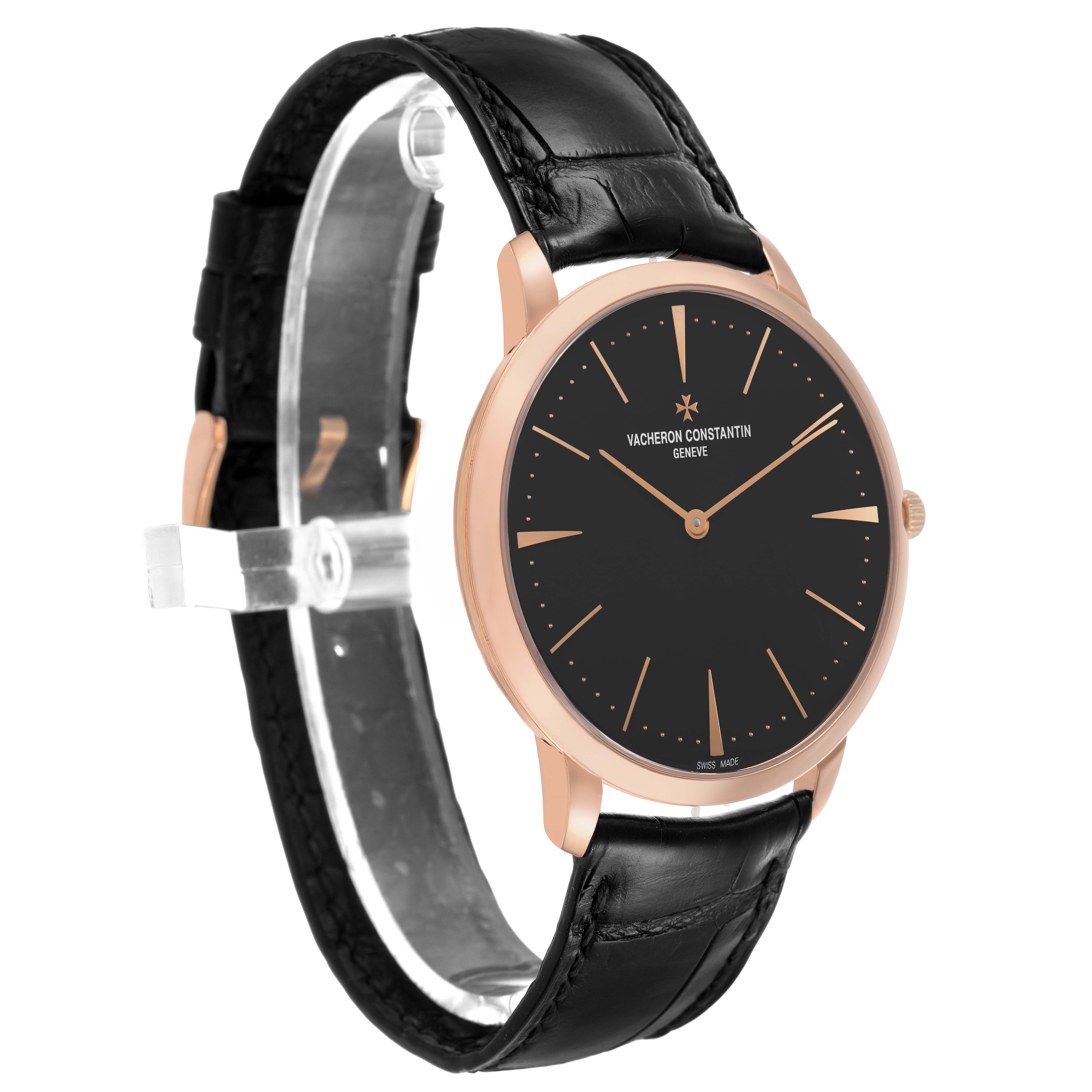 The Vacheron Constantin Patrimony 81180 Men's Rose Gold Grey Dial watch is shown at a slight angle highlighting the black dial, rose gold case, and black leather strap.