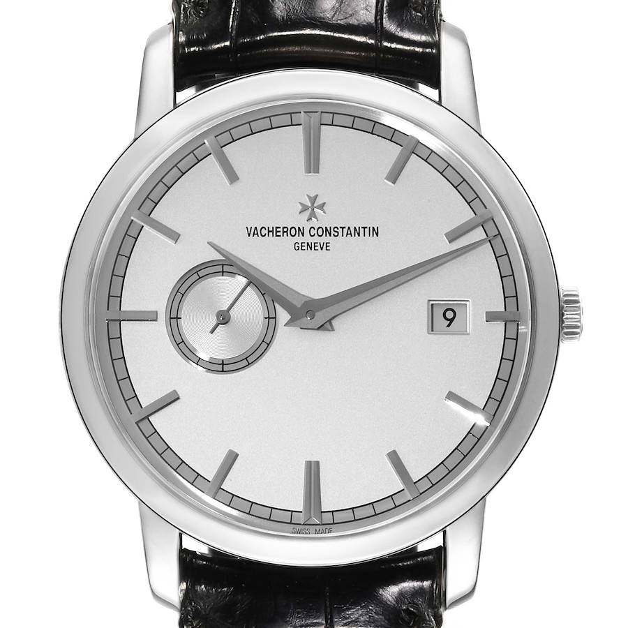 The image shows a front view of the Vacheron Constantin Traditionnelle watch, featuring its dial, hands, date window, and sub-dial.