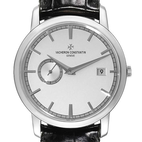 This is a front-facing view of the Vacheron Constantin Traditionnelle watch showing the face, hands, date, and strap attachment.