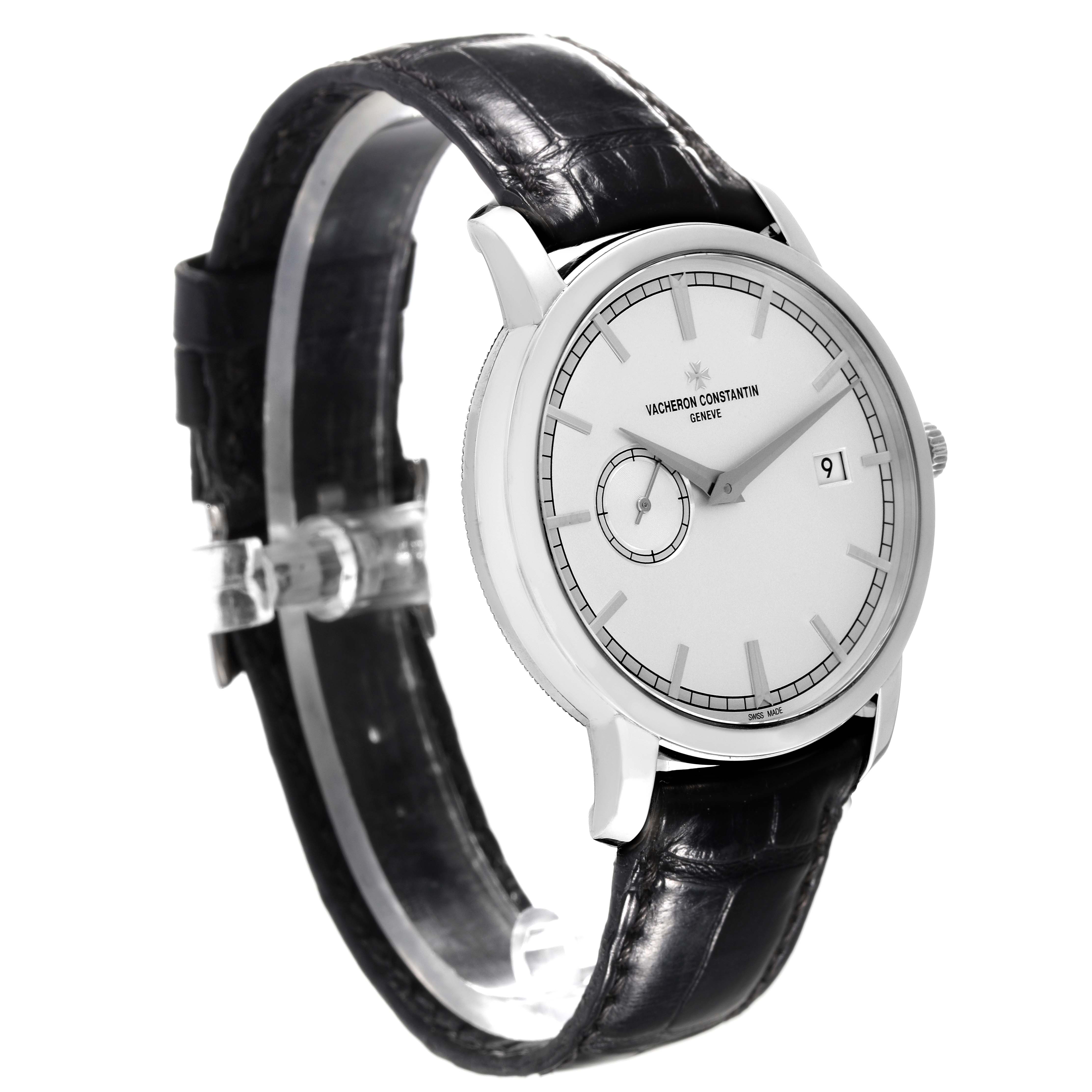 The Vacheron Constantin Traditionnelle 87172/000G-9301 Men's White Gold Silver Dial 87172/000G-9301 Men's White Gold Silver Dial watch is shown at a slight angle, highlighting the face, bezel, and strap.