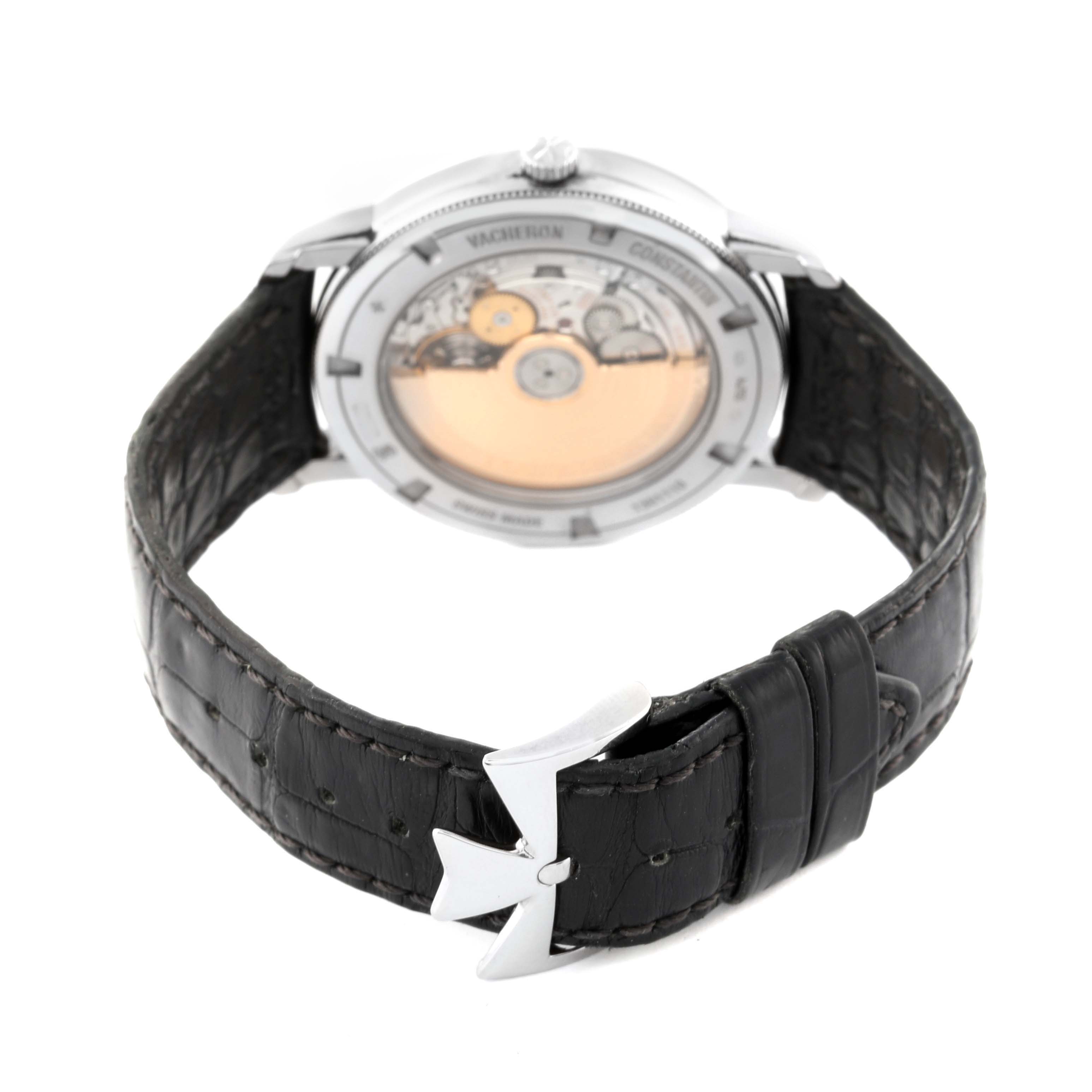 The image shows the back view of a Vacheron Constantin Traditionnelle 87172/000G-9301 Men's White Gold Silver Dial 87172/000G-9301 Men's White Gold Silver Dial watch, highlighting its movement and strap.