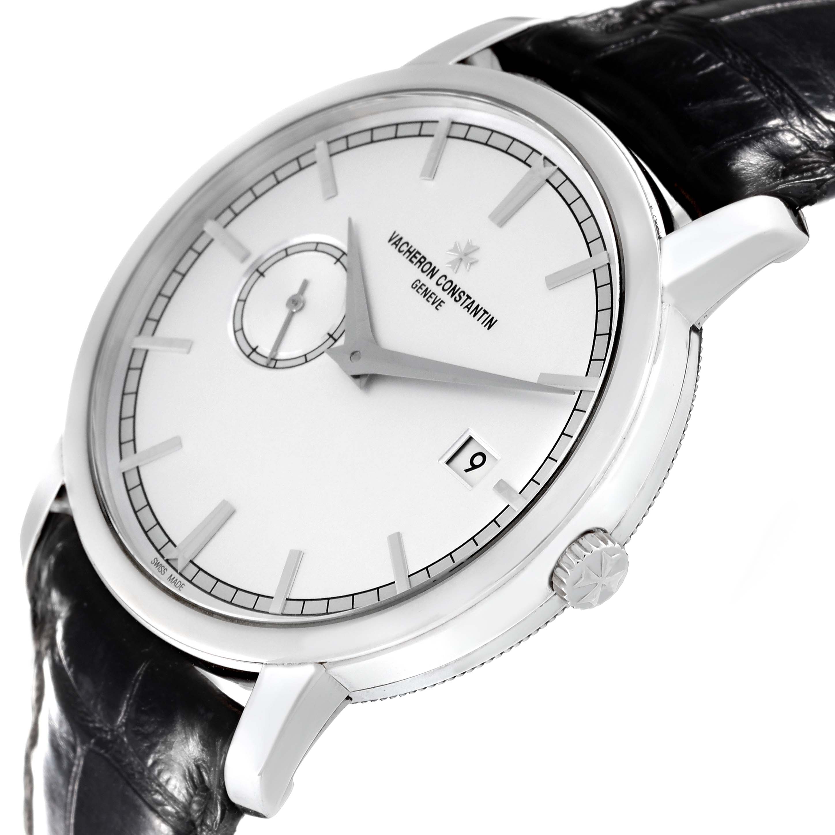 The Traditionnelle model by Vacheron Constantin is shown at an angled close-up, displaying the dial, hands, crown, and part of the leather strap.