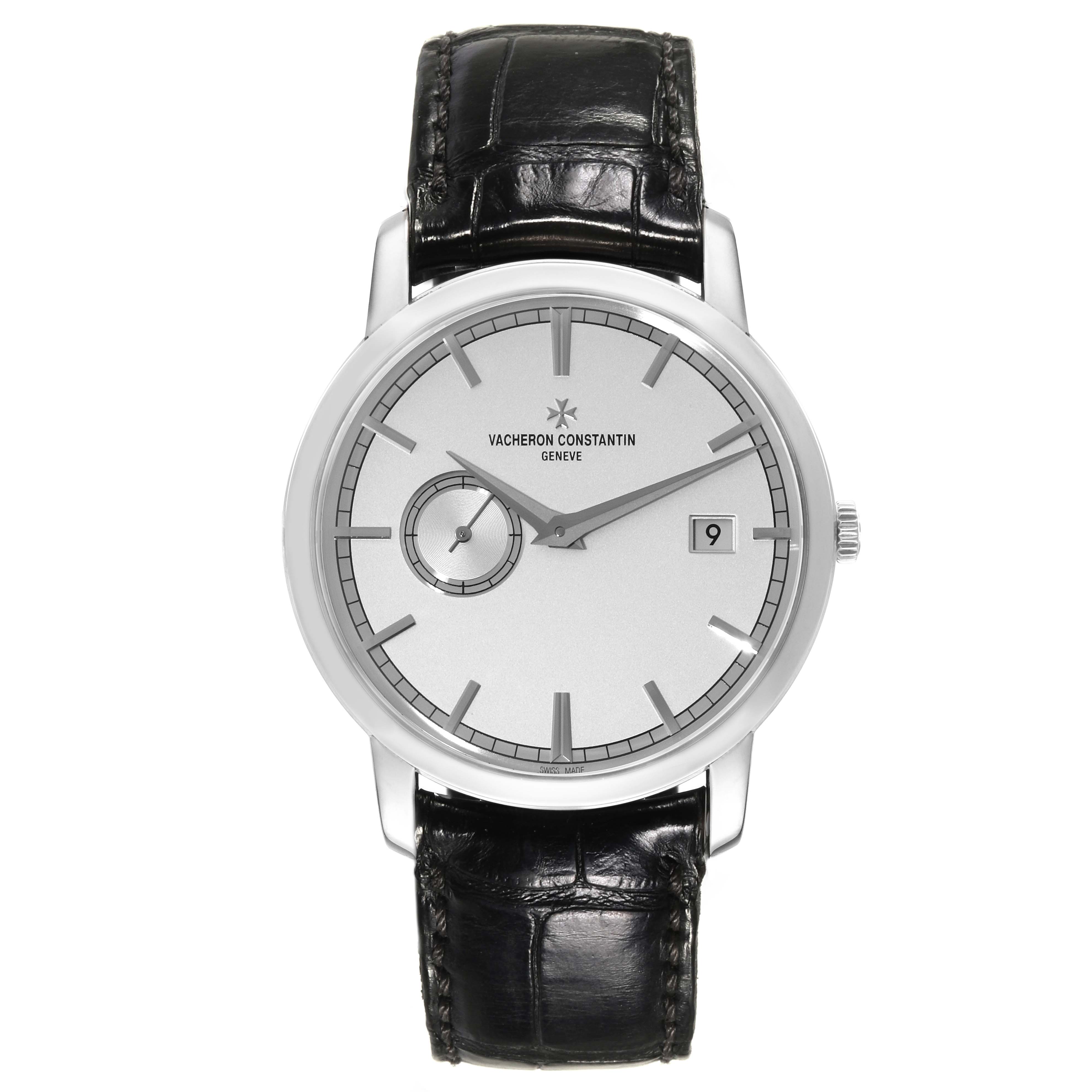 The image shows a front view of the Traditionnelle model by Vacheron Constantin, highlighting the watch face, hands, markers, and date window.