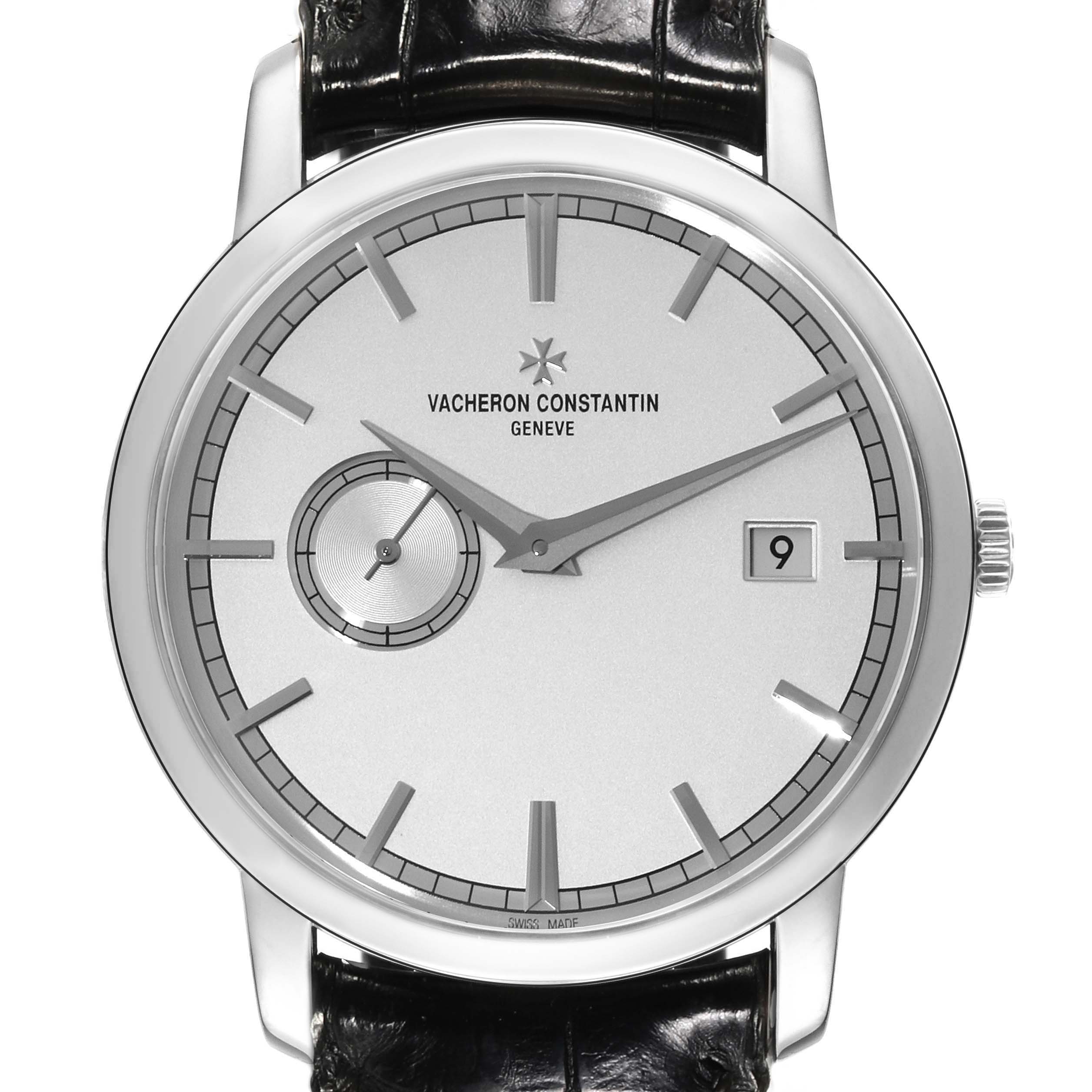 The image shows a front view of the Vacheron Constantin Traditionnelle 87172/000G-9301 Men's White Gold Silver Dial 87172/000G-9301 Men's White Gold Silver Dial watch, highlighting its face, hands, date window, and sub-dial.