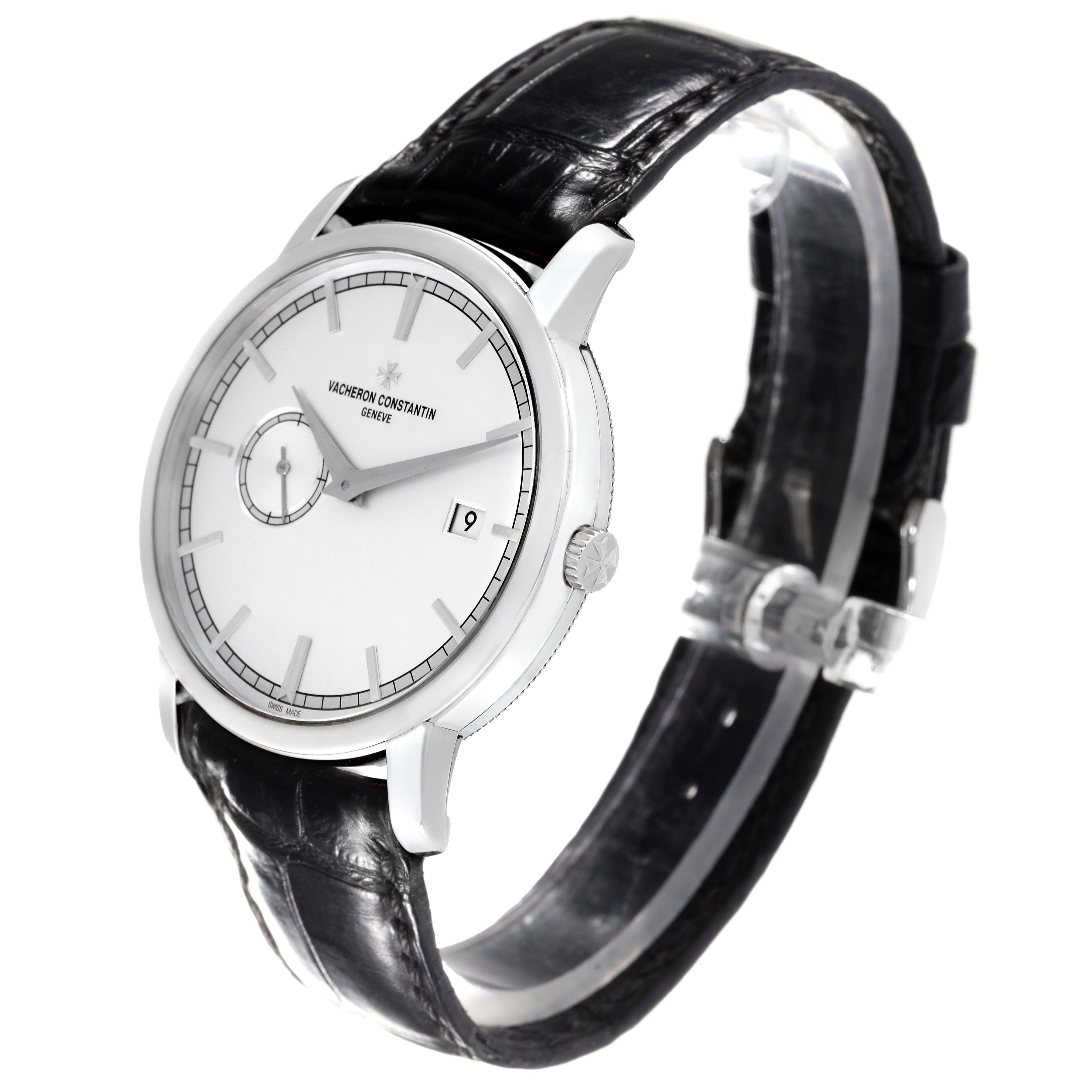 The image shows a side angle view of the Vacheron Constantin Traditionnelle 87172/000G-9301 Men's White Gold Silver Dial 87172/000G-9301 Men's White Gold Silver Dial watch, highlighting its dial, case, crown, and leather strap.