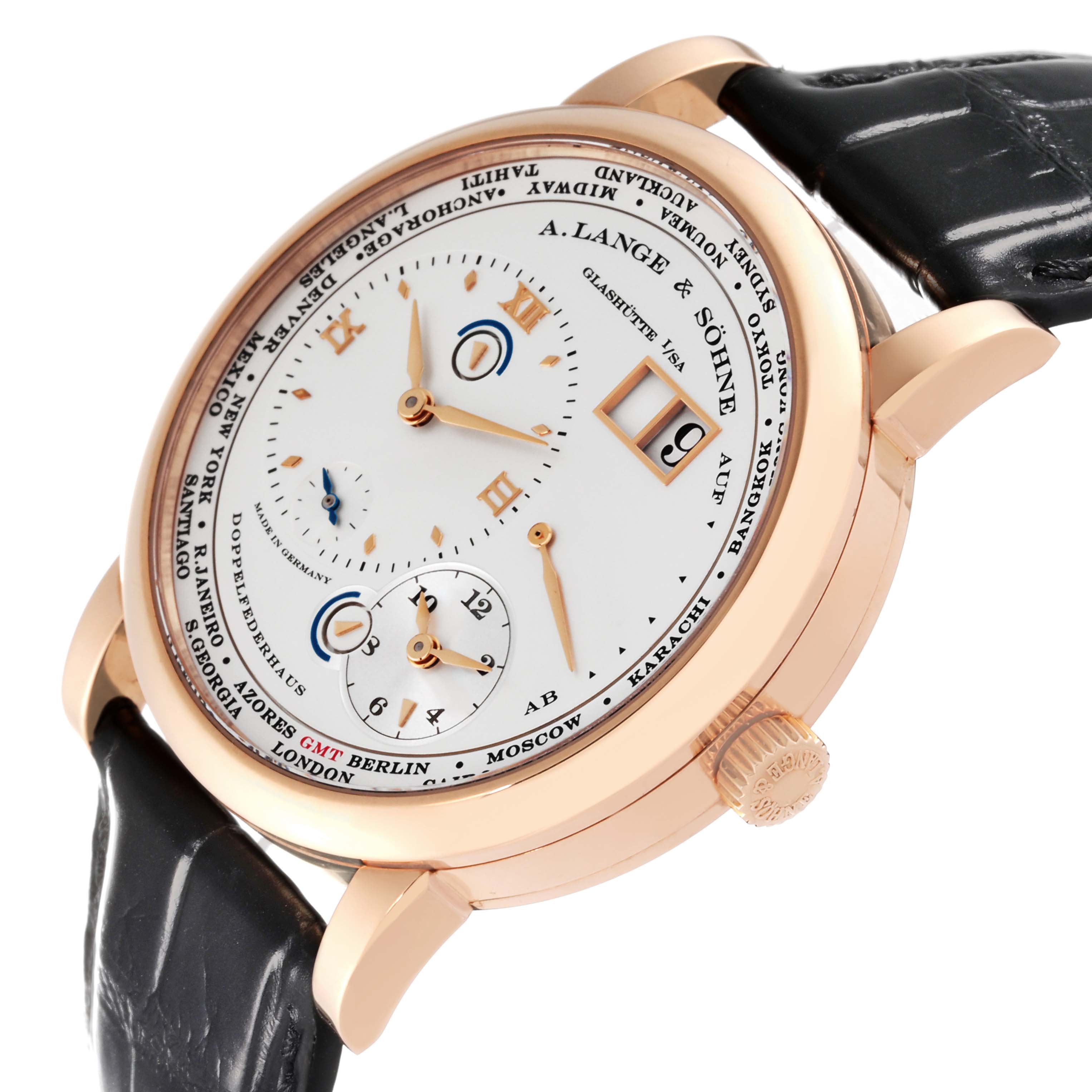 The image shows a close-up angled view of the A. Lange 
Sohne Lange 1 116.032 Men
s Rose Gold Silver Dial watch, highlighting its dial, hands, and crown.