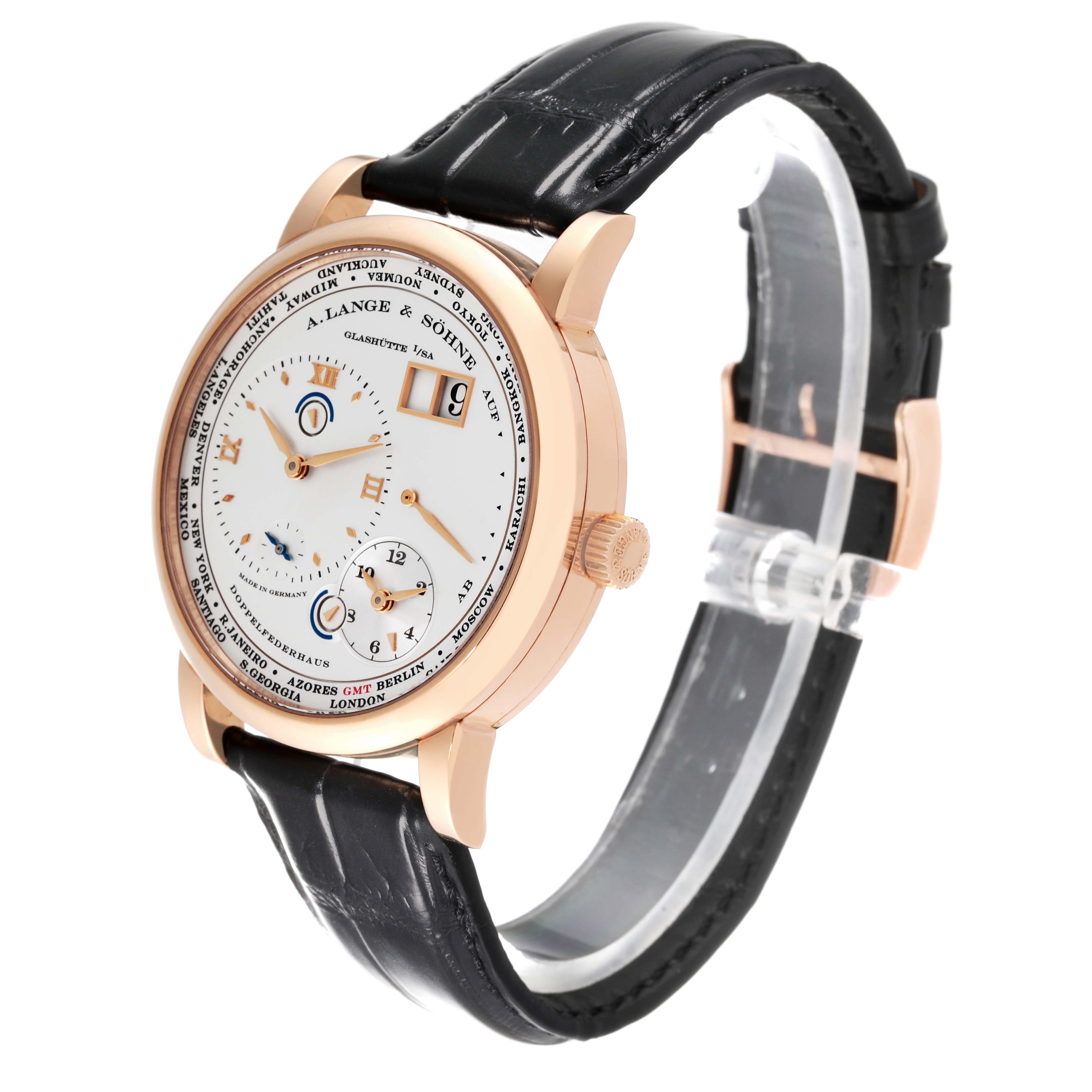 This is a side-angle view of the A. Lange 
Sohne Lange 1 116.032 Men
s Rose Gold Silver Dial watch, showcasing the case, dial, and black leather strap.