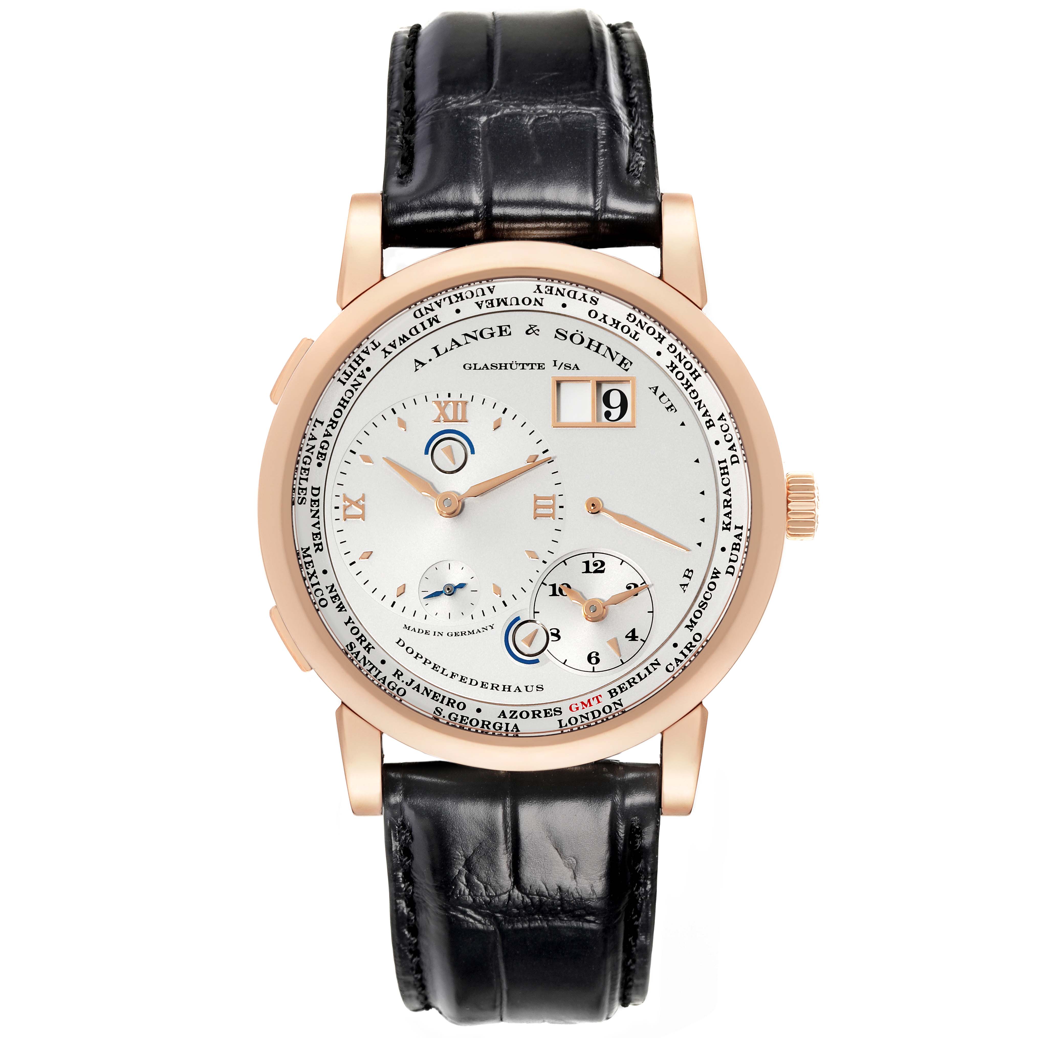 The image shows a front view of the A. Lange 
Sohne Lange 1 116.032 Men
s Rose Gold Silver Dial watch, highlighting its dial and black leather strap.