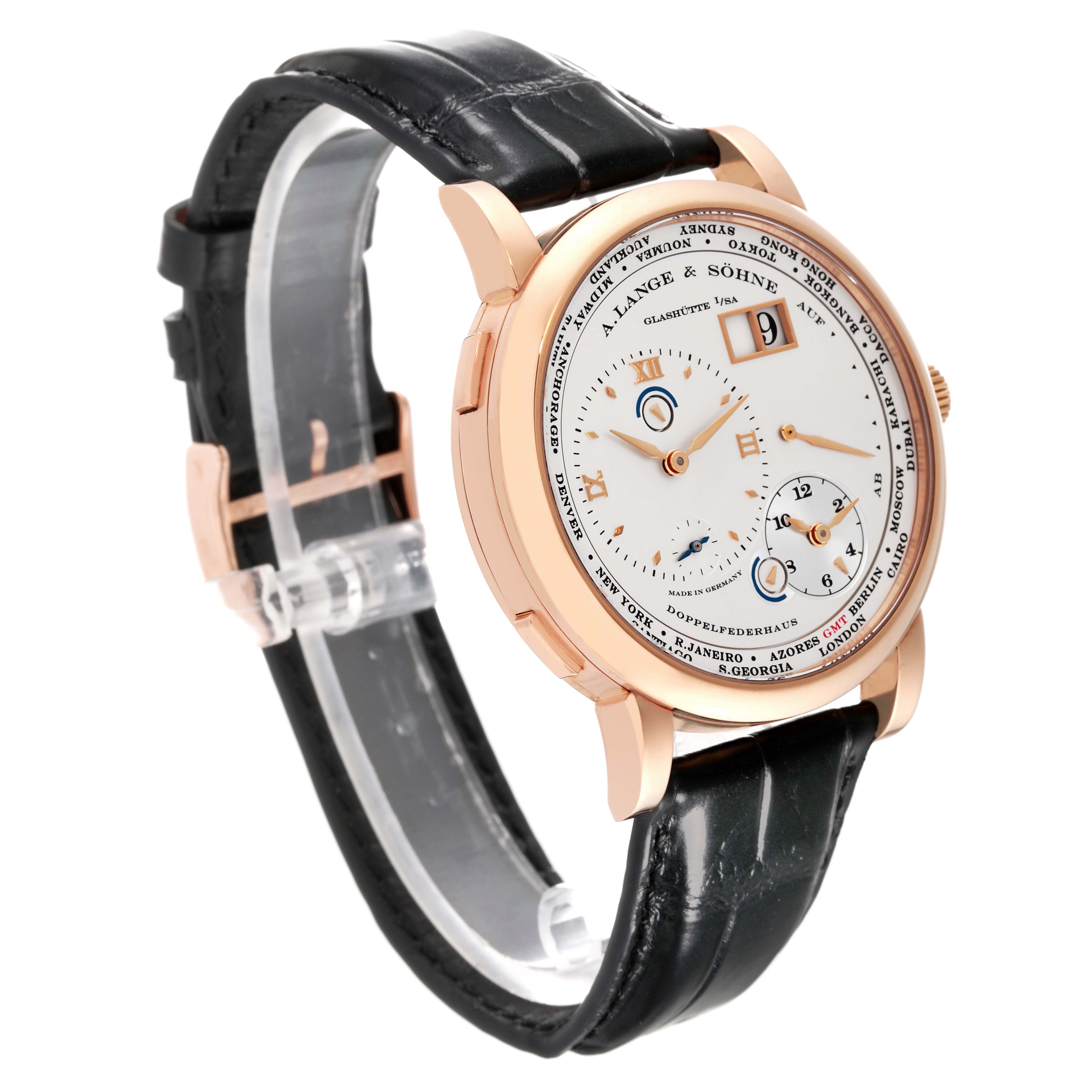 The image shows a front and side view of the A. Lange 
Sohne Lange 1 116.032 Men
s Rose Gold Silver Dial watch with a black leather strap and a rose gold case.