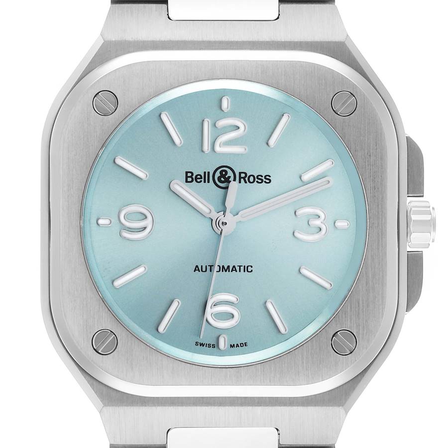 The Bell & Ross Urban BR05 Men's Stainless Steel Blue Dial model watch is shown from a front angle, highlighting the dial, case, and crown.