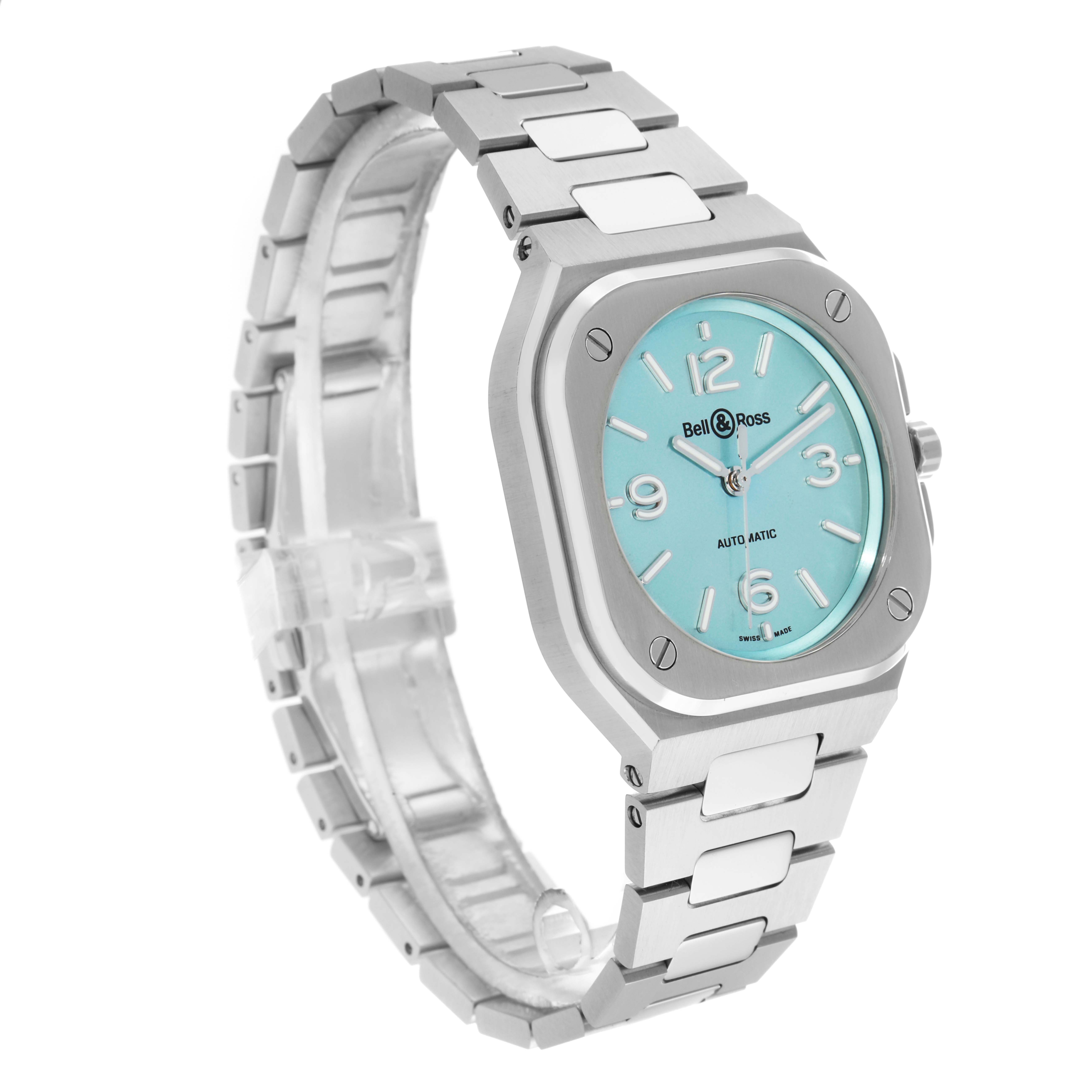 The Bell 
Ross Urban BR05 Men
s Stainless Steel Blue Dial model watch is shown at a three-quarter angle, displaying the face, bezel, and bracelet.