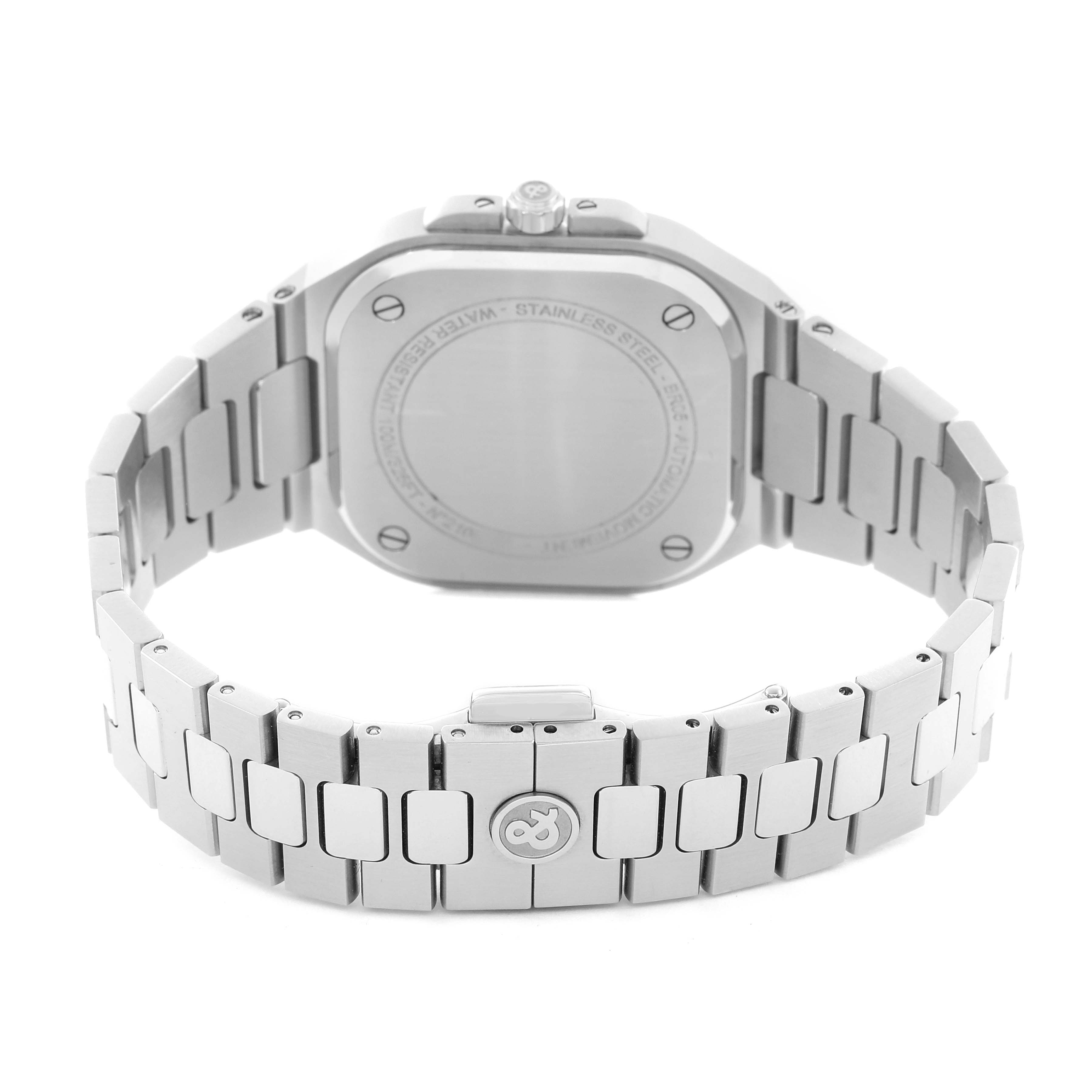 The image shows the back and bracelet of the Bell 
Ross Urban BR05 Men
s Stainless Steel Blue Dial model watch from a rear angle.