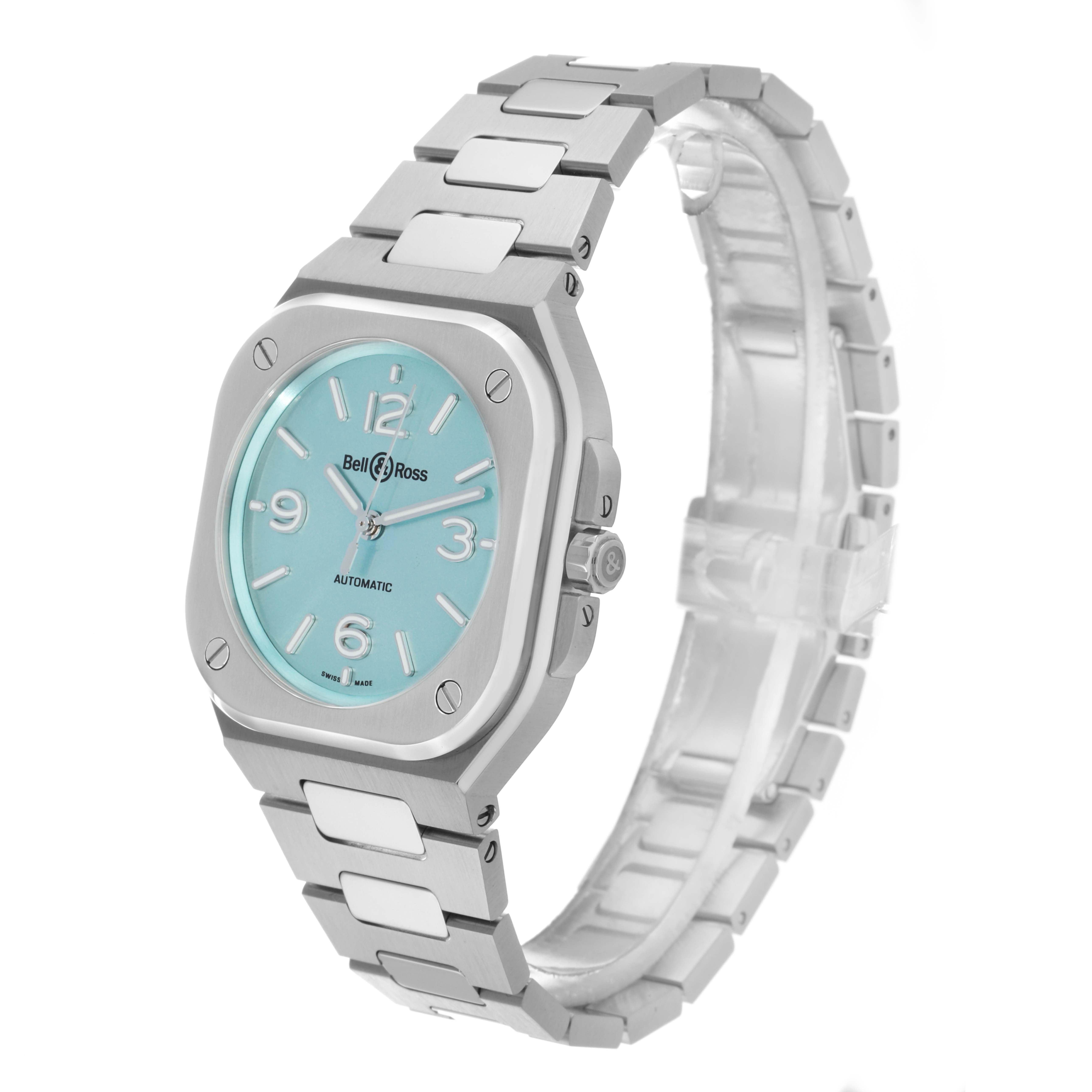 The Bell 
Ross Urban BR05 Men
s Stainless Steel Blue Dial model watch is shown at a three-quarter angle, displaying its face, case, and metal bracelet.