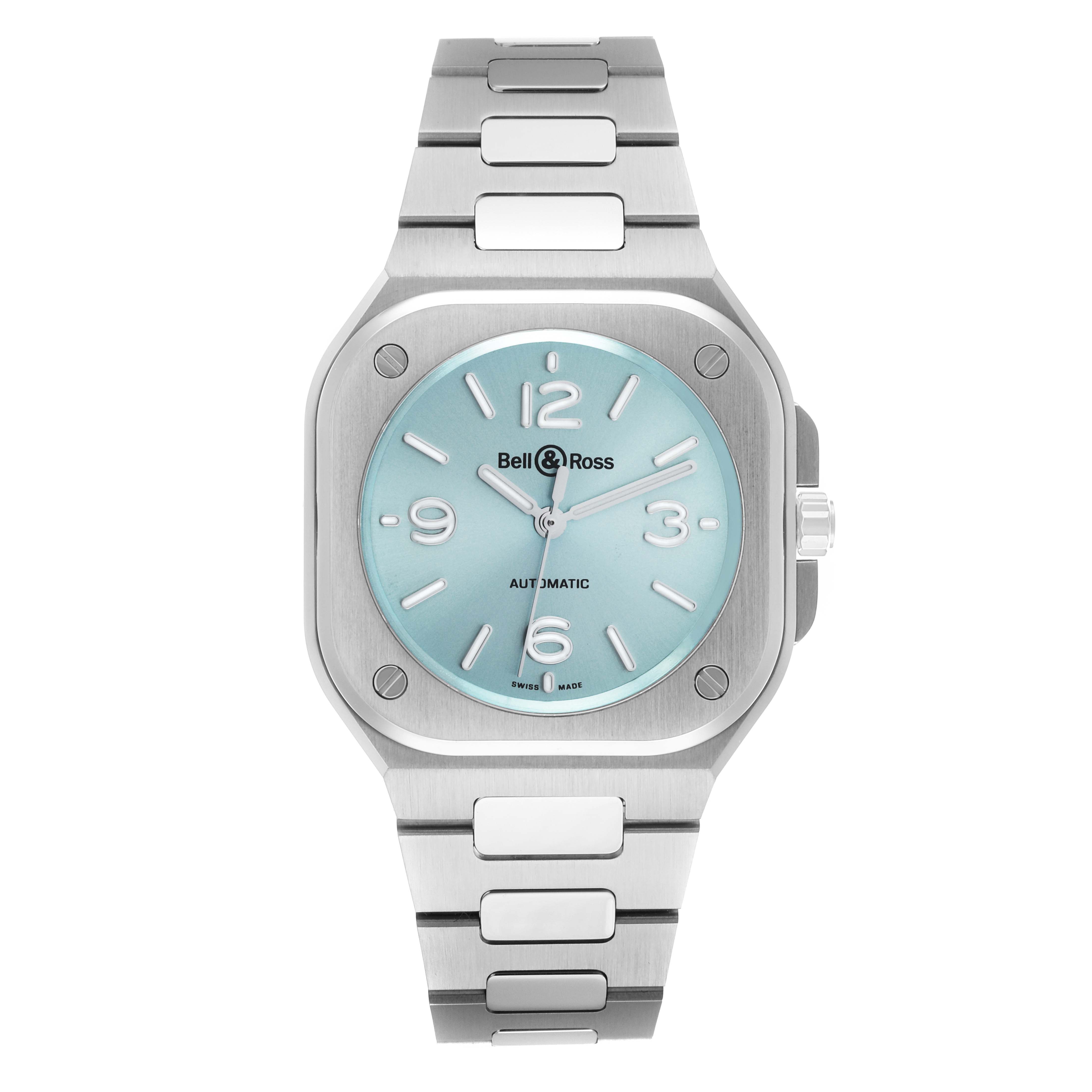 The Bell 
Ross Urban BR05 Men
s Stainless Steel Blue Dial model watch is shown from the front, featuring the dial, case, and bracelet.