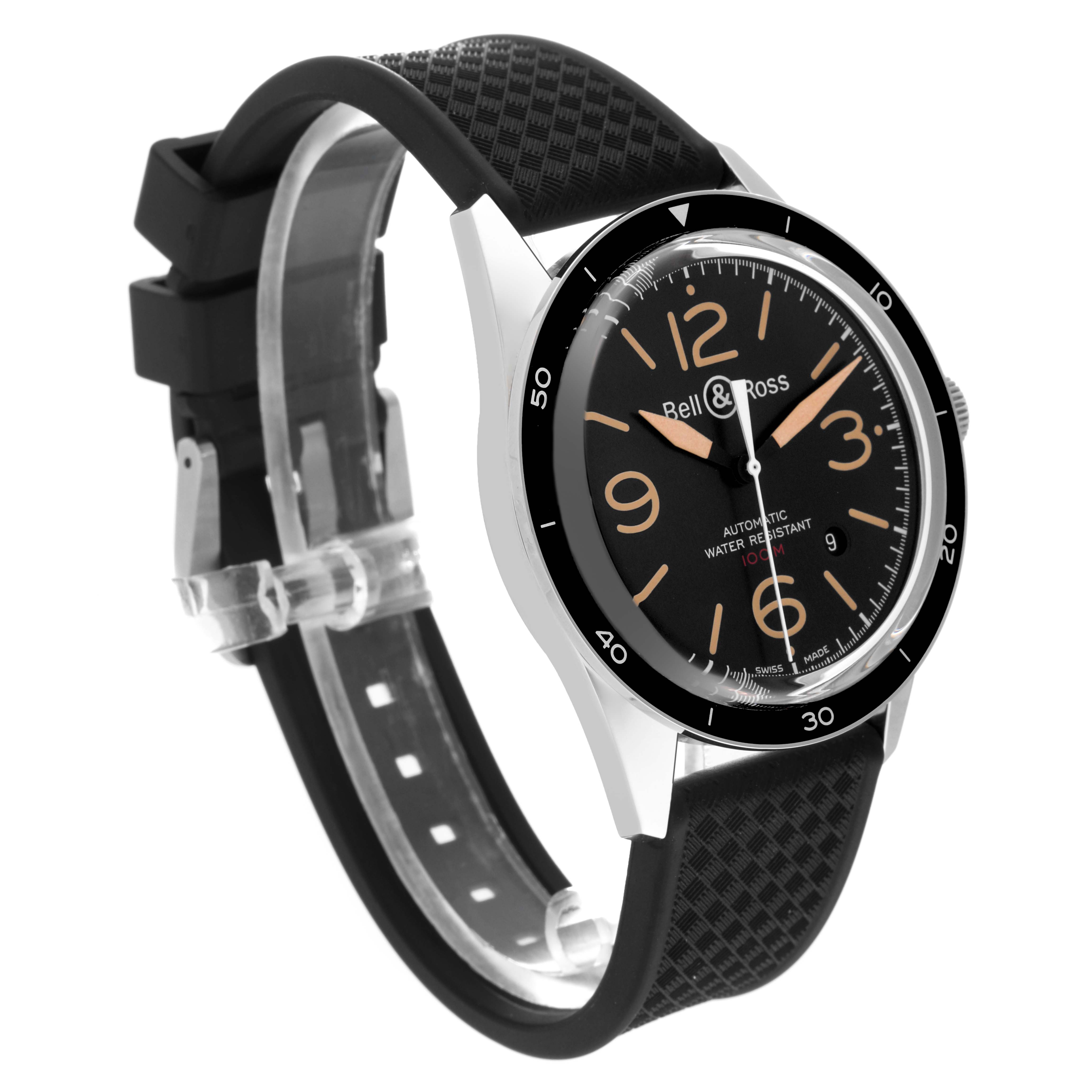 This image shows a Bell & Ross Vintage BRV123-ST-HER/SRB Men's Stainless Steel Black Dial BRV123-ST-HER/SRB Men's Stainless Steel Black Dial model watch at an angle highlighting the dial, bezel, case, and strap.