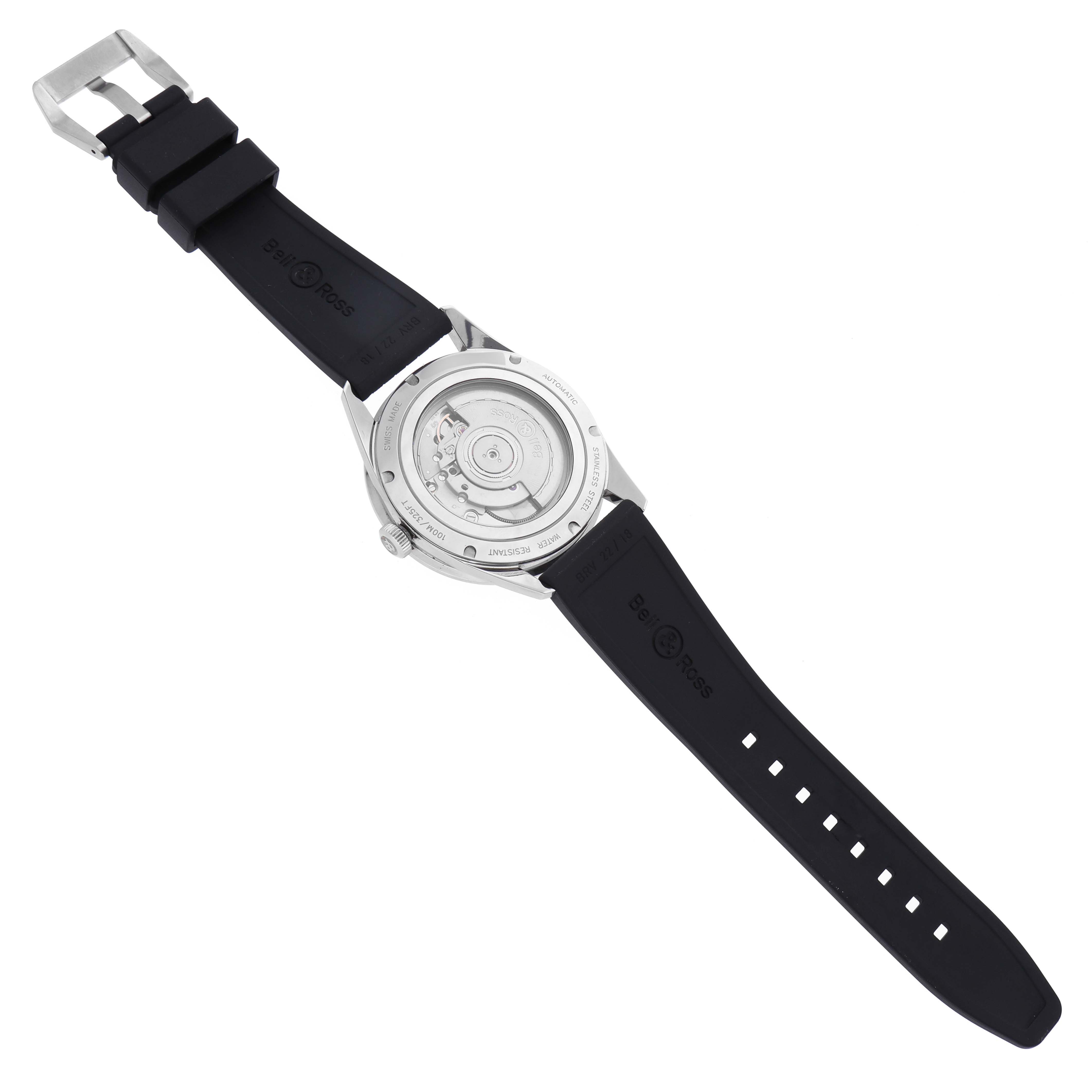 The image shows the back view of a Vintage model watch by Bell & Ross, highlighting the transparent case back and black strap.