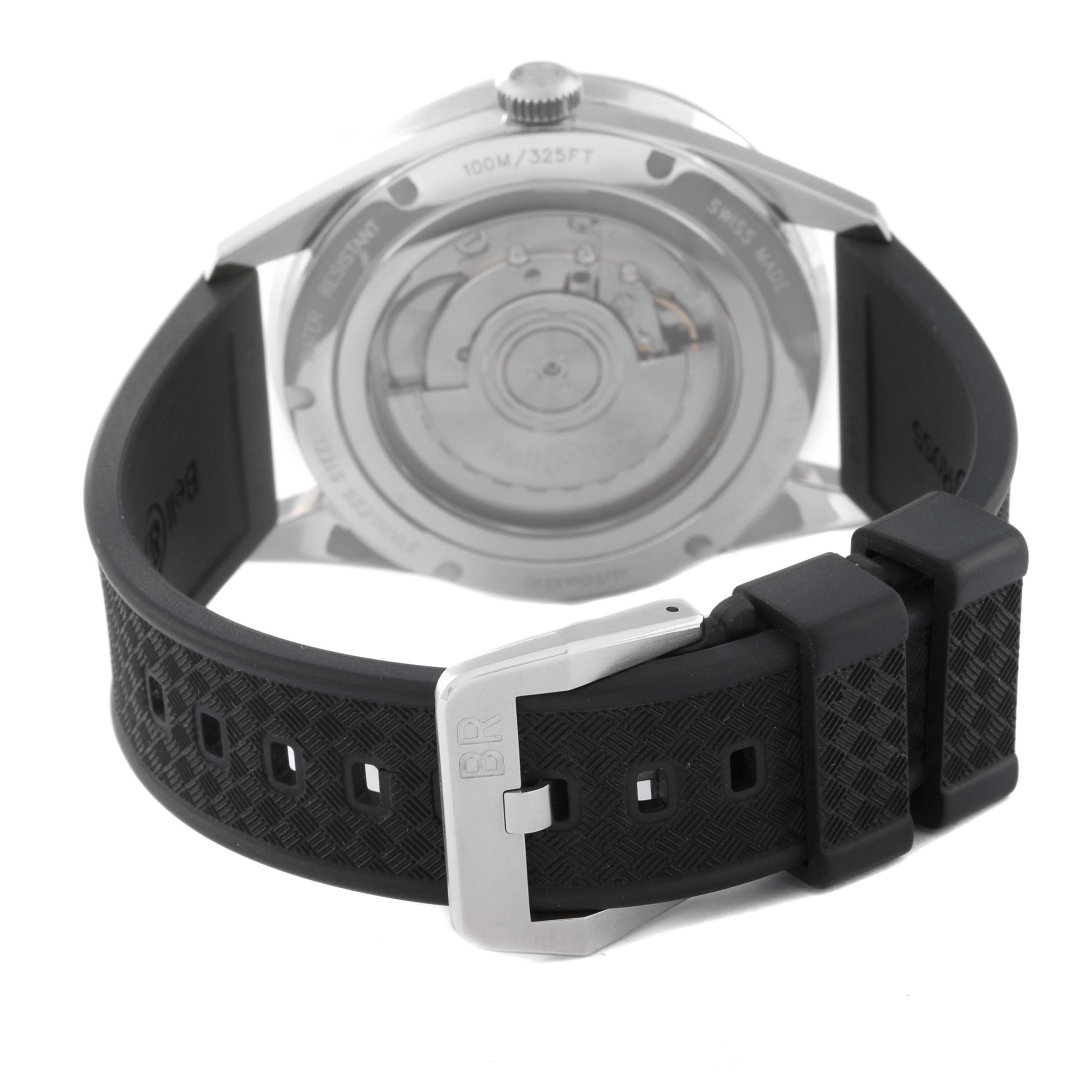 The Bell & Ross Vintage BRV123-ST-HER/SRB Men's Stainless Steel Black Dial BRV123-ST-HER/SRB Men's Stainless Steel Black Dial model watch is shown from the back, focusing on the case back and black rubber strap with the buckle.