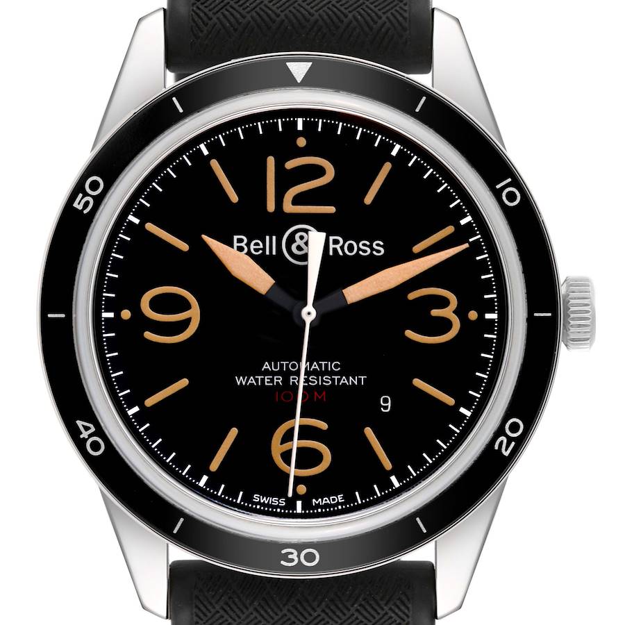 The image shows a front view of a Bell & Ross Vintage model watch, highlighting the dial, bezel, and crown.