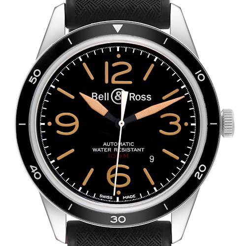 The watch shown is a Bell & Ross Vintage model, captured from a front angle displaying the face, bezel, hands, and crown.