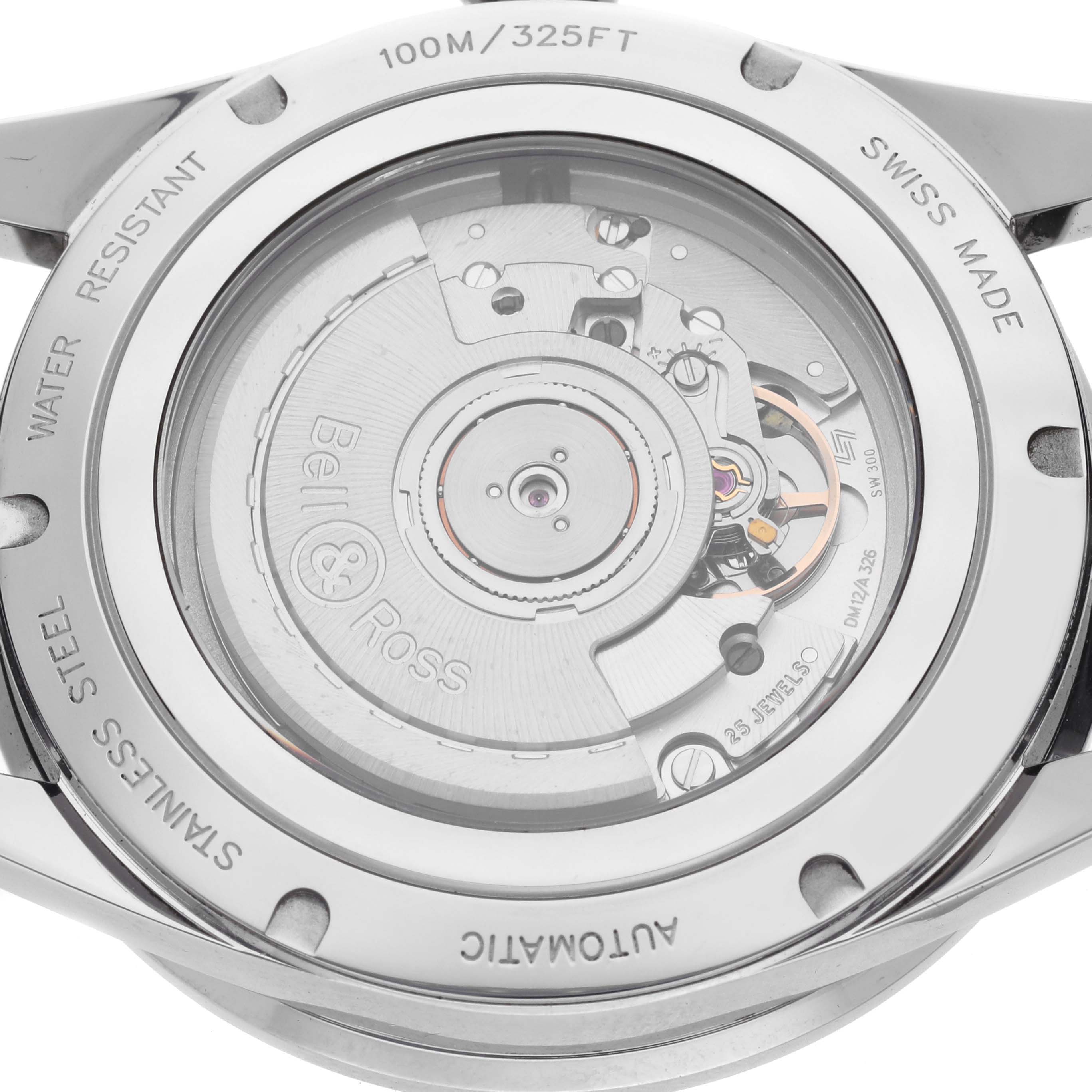 The image shows the back view of the Bell & Ross Vintage BRV123-ST-HER/SRB Men's Stainless Steel Black Dial BRV123-ST-HER/SRB Men's Stainless Steel Black Dial model, highlighting the automatic movement and branding.