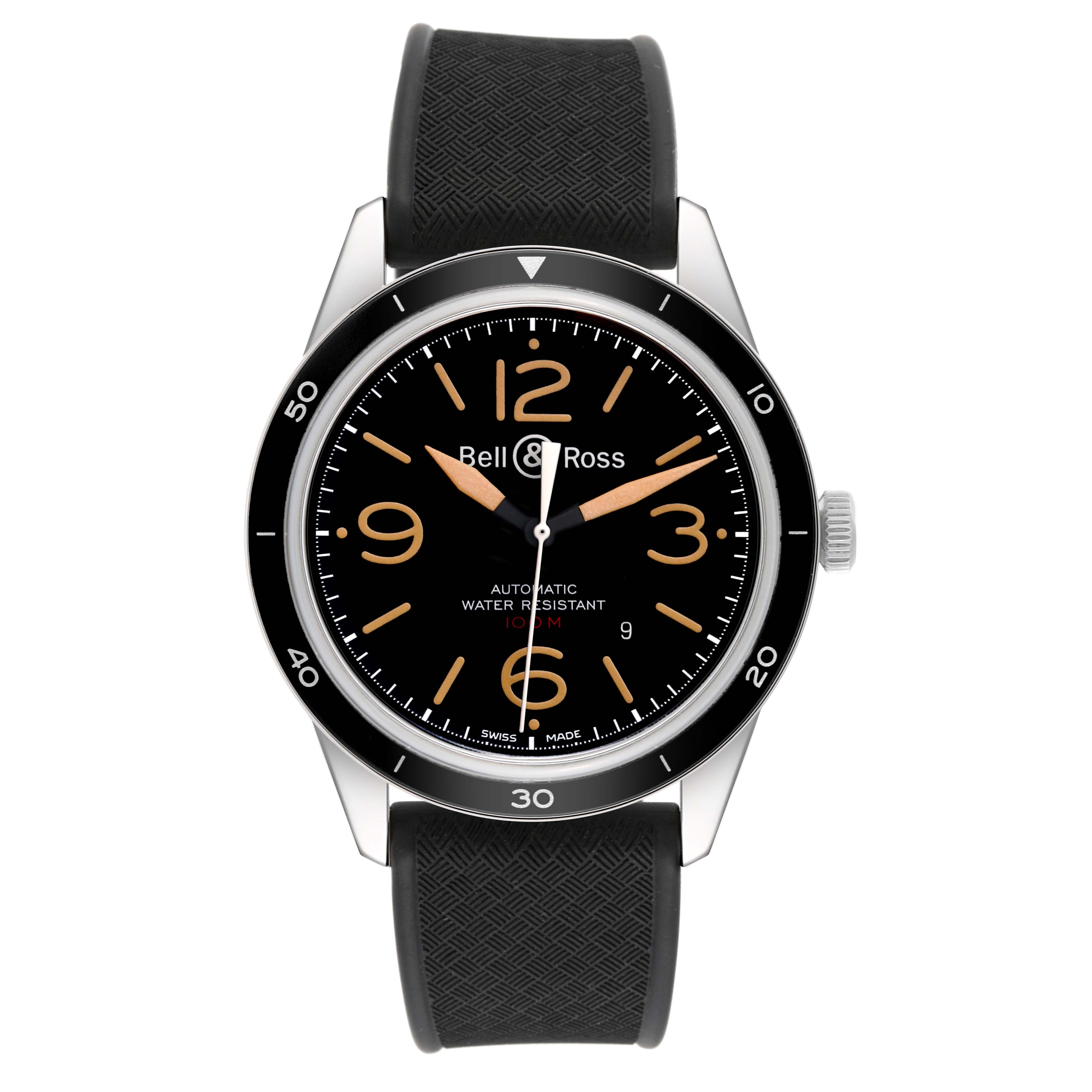 This image shows a front view of a Bell & Ross Vintage BRV123-ST-HER/SRB Men's Stainless Steel Black Dial BRV123-ST-HER/SRB Men's Stainless Steel Black Dial model watch with a black dial, luminescent indices, and a black rubber strap.