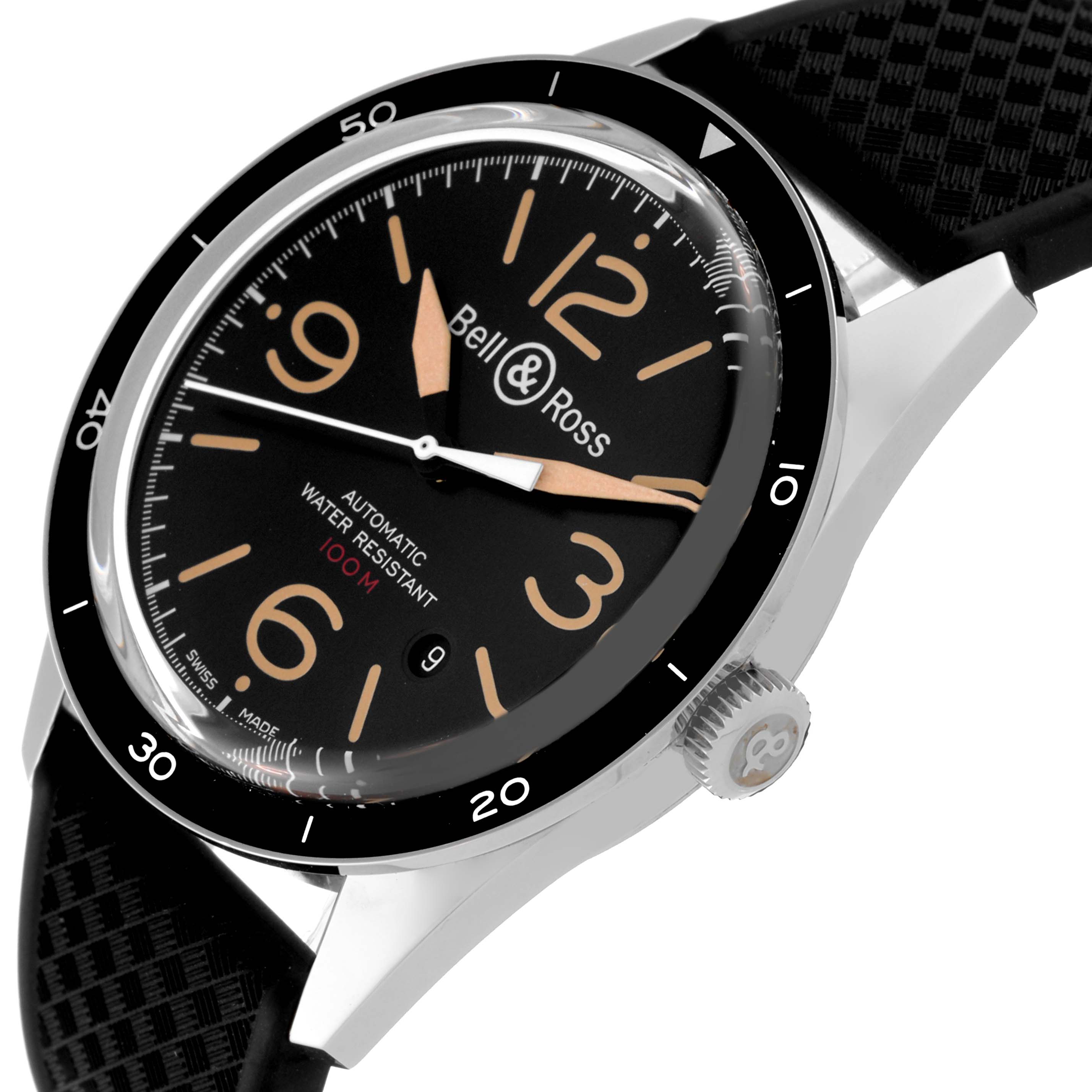 The image shows a close-up side angle of the Bell & Ross Vintage BRV123-ST-HER/SRB Men's Stainless Steel Black Dial BRV123-ST-HER/SRB Men's Stainless Steel Black Dial model, highlighting the dial, bezel, and crown with the strap partially visible.