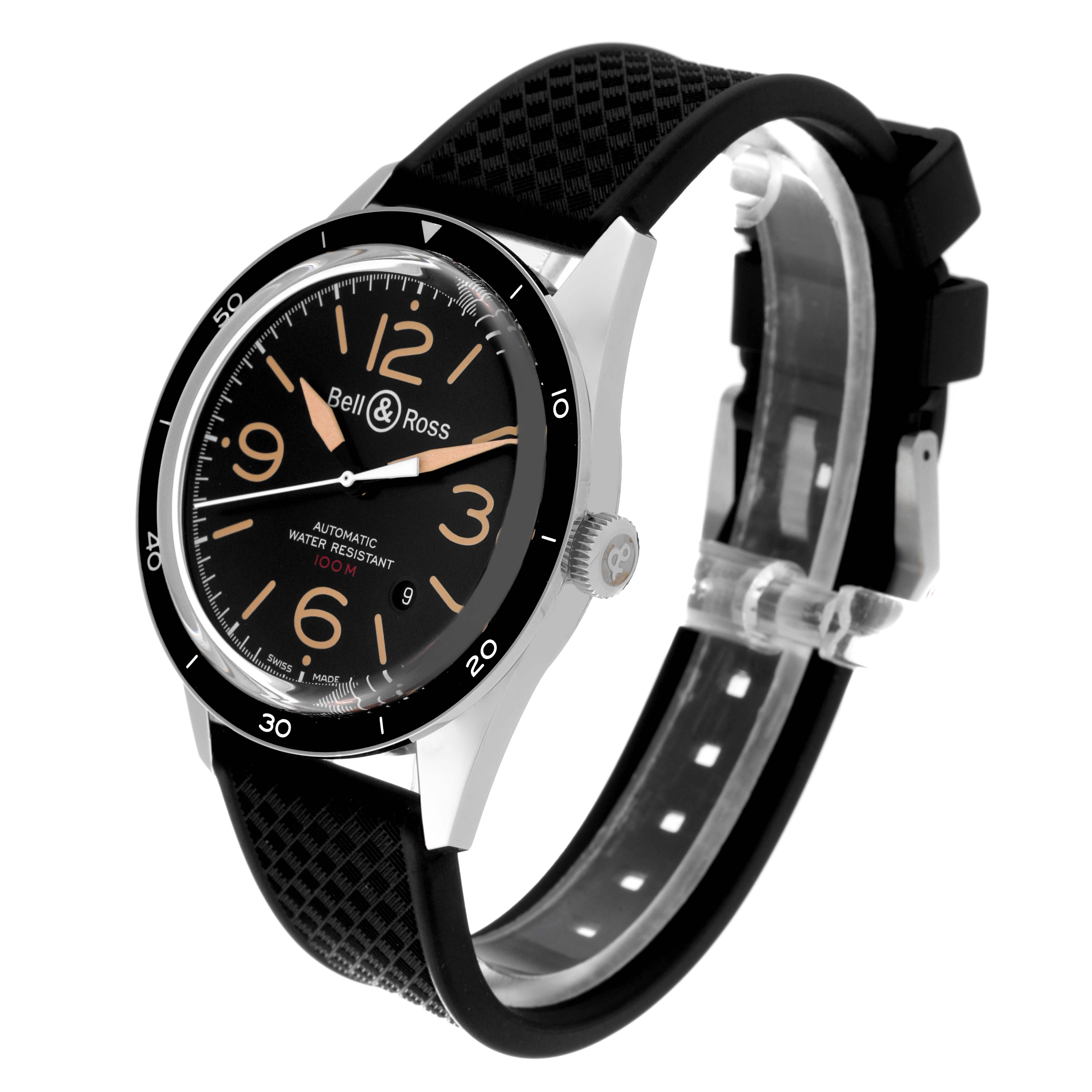 The Bell & Ross Vintage BRV123-ST-HER/SRB Men's Stainless Steel Black Dial BRV123-ST-HER/SRB Men's Stainless Steel Black Dial model watch is shown at a slight angle, displaying the face, bezel, case, crown, and strap.