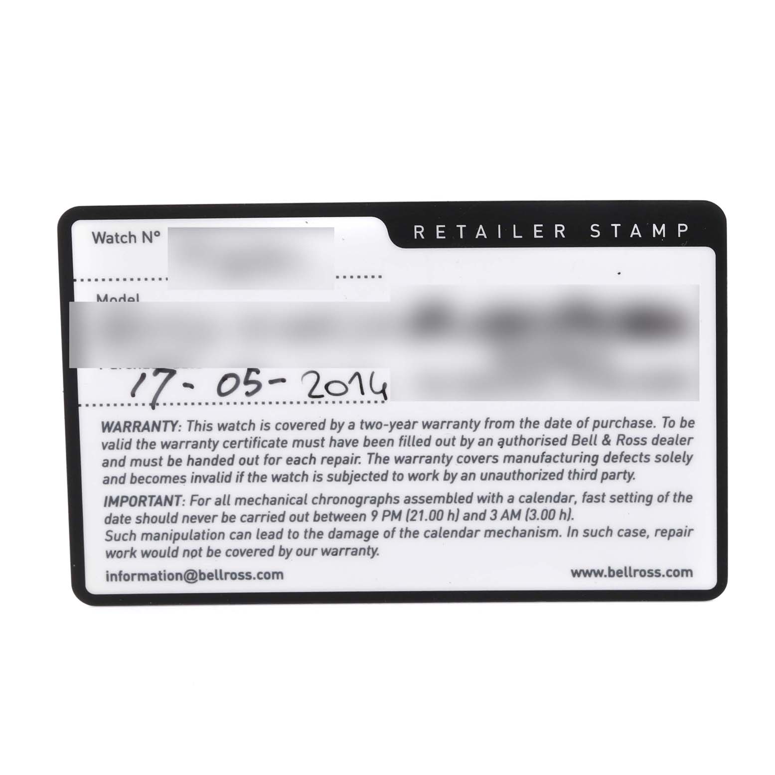 This image shows the warranty card for a Bell & Ross Vintage BRV123-ST-HER/SRB Men's Stainless Steel Black Dial BRV123-ST-HER/SRB Men's Stainless Steel Black Dial model watch.