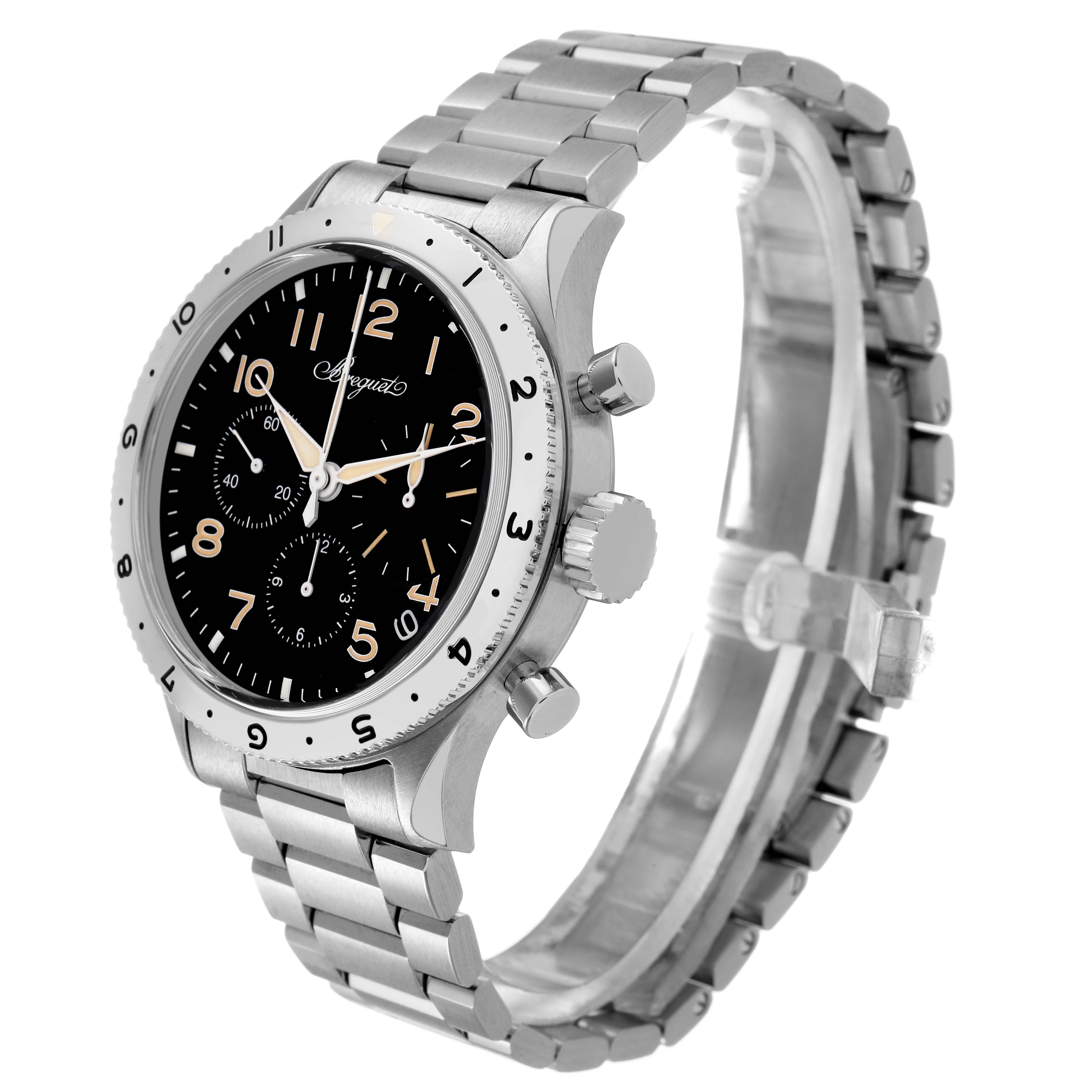 The Breguet Type XX - XXI - XXII 2067ST/92/SW0 Men's Stainless Steel Black Dial watch is shown at an angled side view, featuring the bezel, crown, pushers, and bracelet.