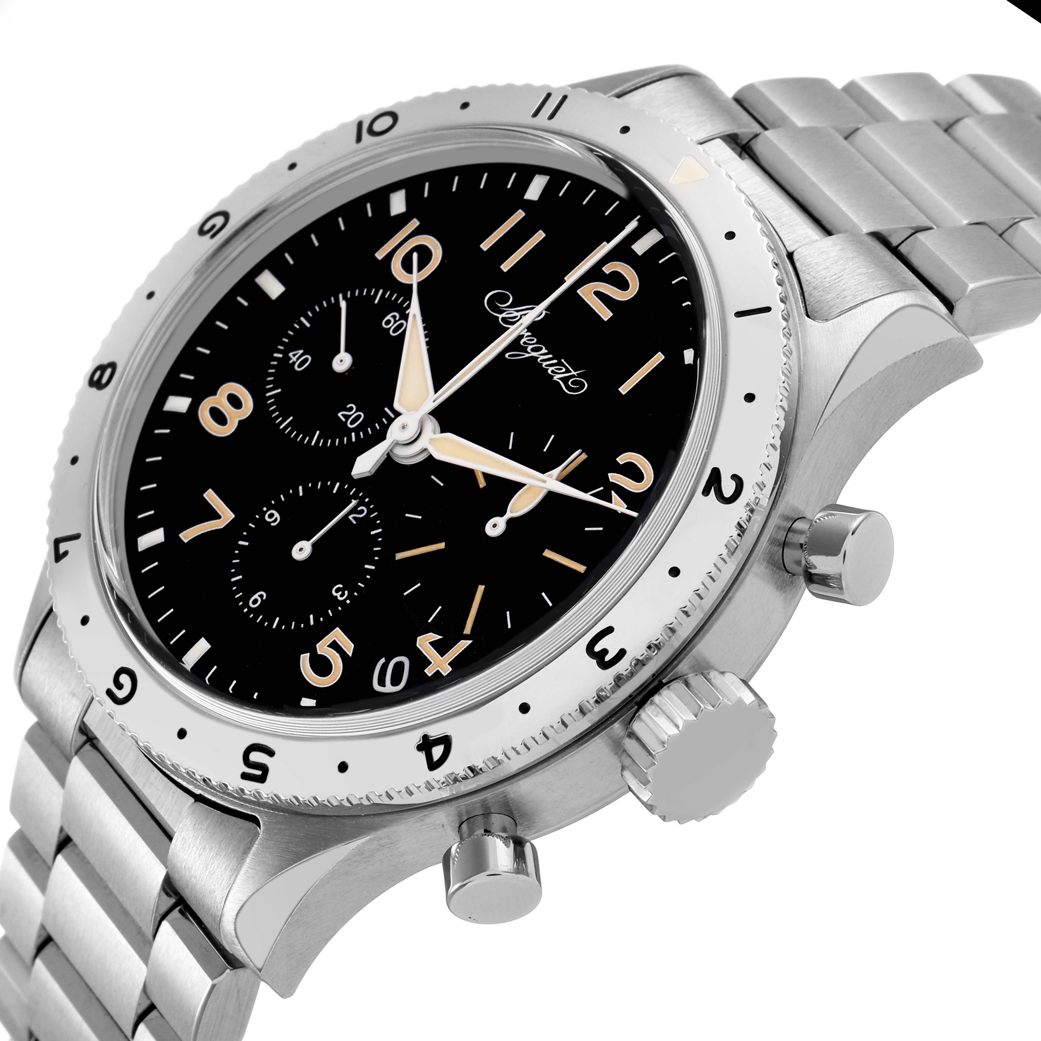 The image shows a Breguet Type XX - XXI - XXII 2067ST/92/SW0 Men's Stainless Steel Black Dial watch from an angled side view, displaying the dial, bezel, crown, pushers, and bracelet.