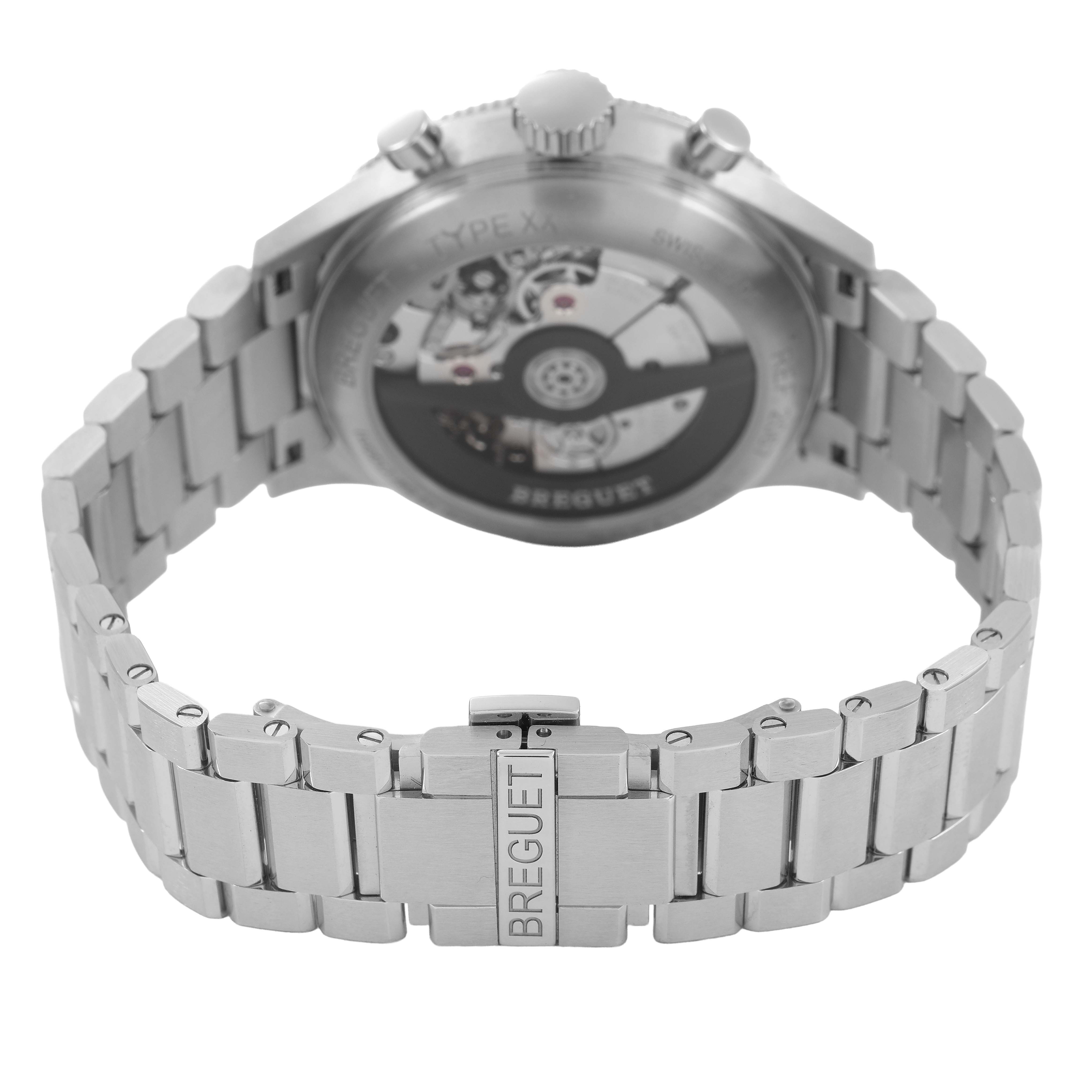 The image shows the back view of a Breguet Type XX - XXI - XXII 2067ST/92/SW0 Men's Stainless Steel Black Dial watch, featuring its open case back and metal bracelet.
