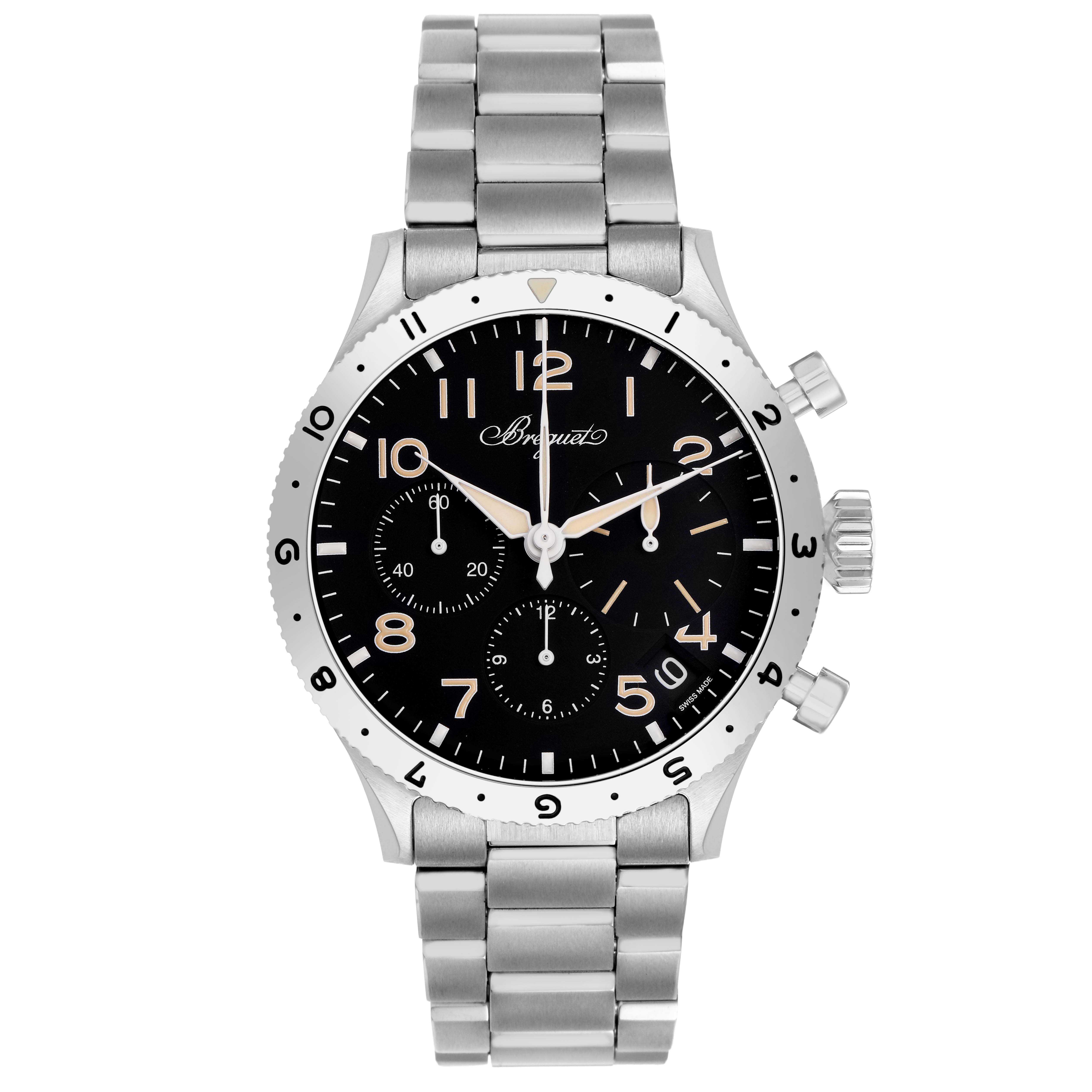 The Breguet Type XX - XXI - XXII 2067ST/92/SW0 Men's Stainless Steel Black Dial watch is shown from a front angle, displaying the face, bezel, bracelet, and pushers.