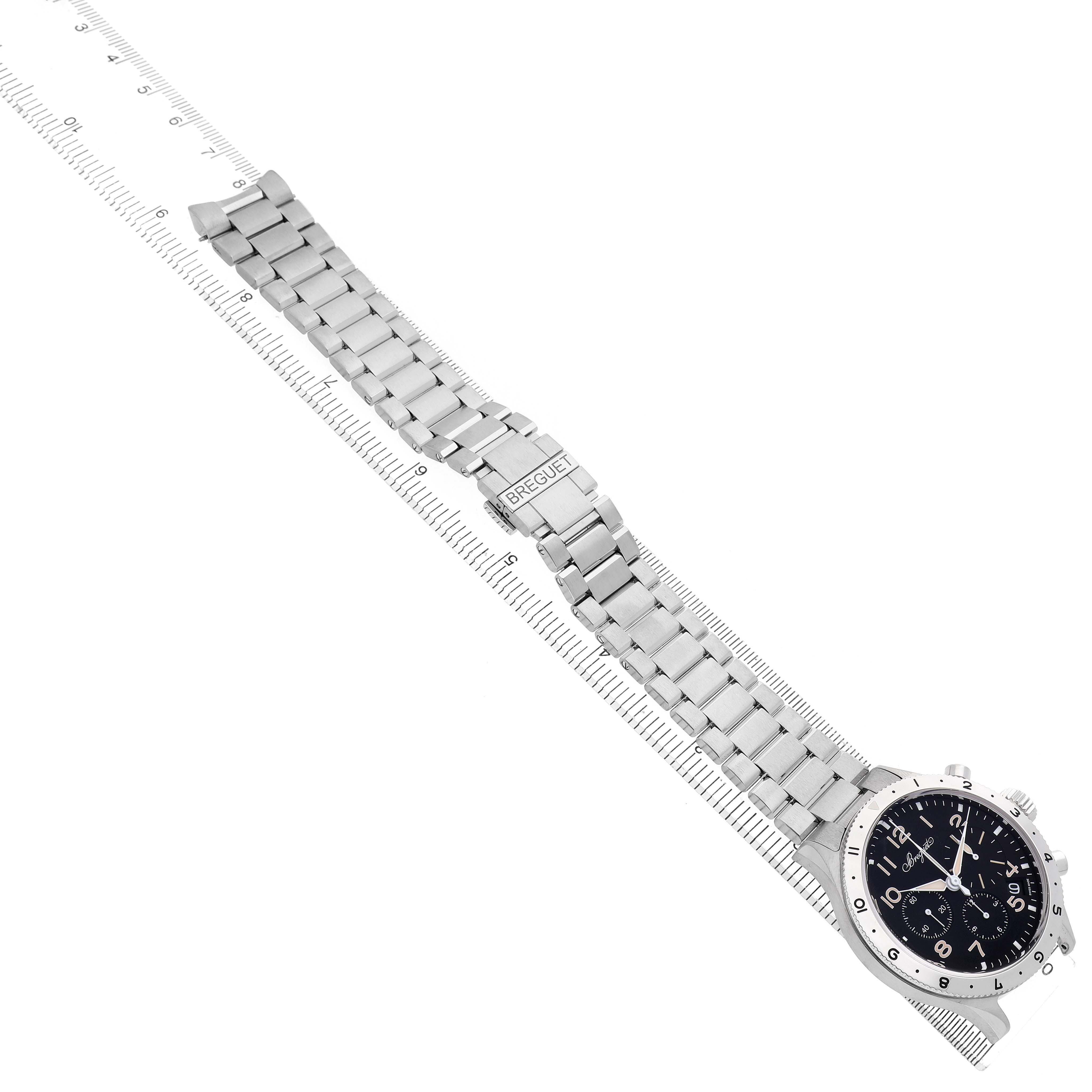 The Breguet Type XX - XXI - XXII 2067ST/92/SW0 Men's Stainless Steel Black Dial watch is shown at an angle displaying the bracelet, clasp, and face.