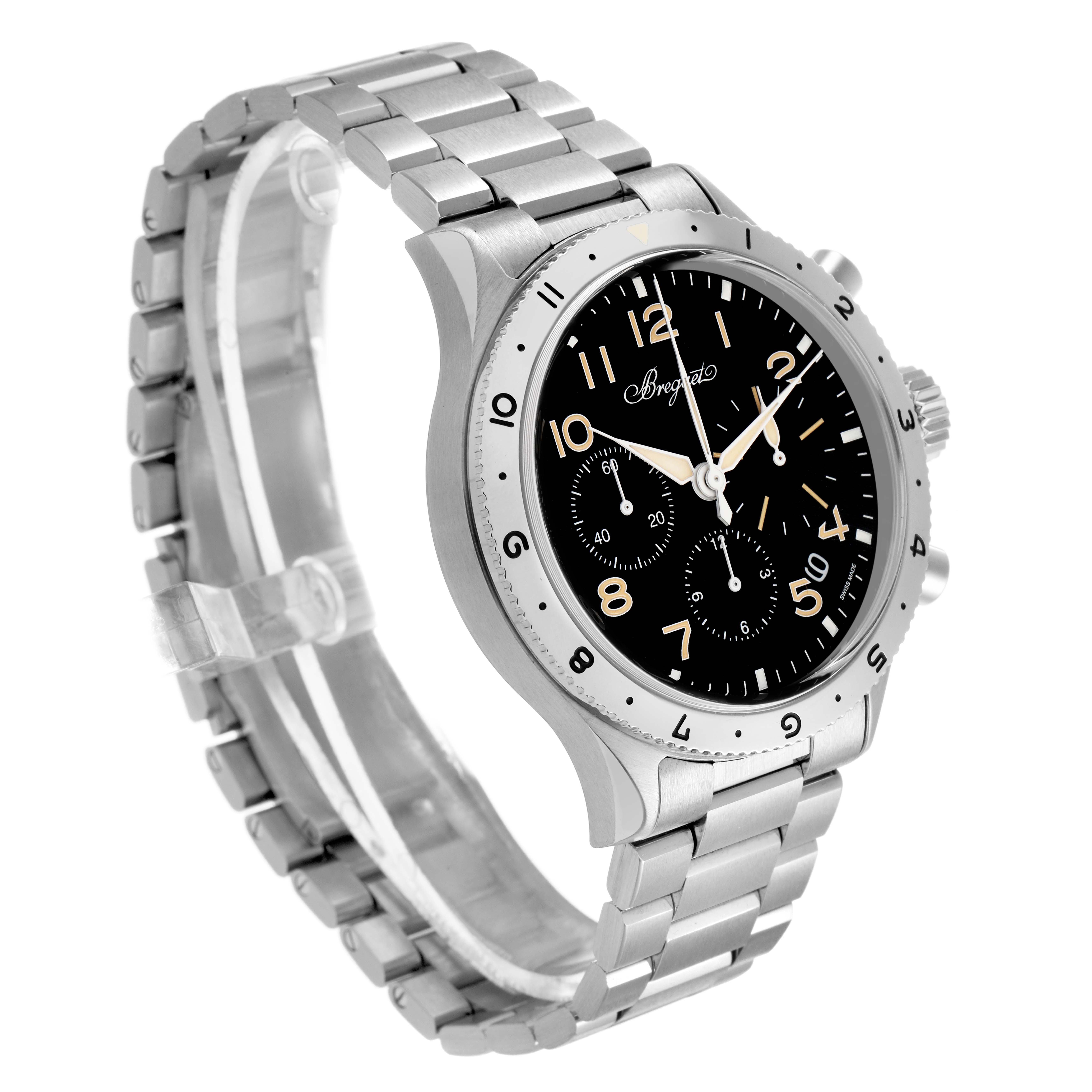 The Breguet Type XX - XXI - XXII 2067ST/92/SW0 Men's Stainless Steel Black Dial watch is shown at a three-quarter angle, displaying the dial, bezel, bracelet, and pushers.