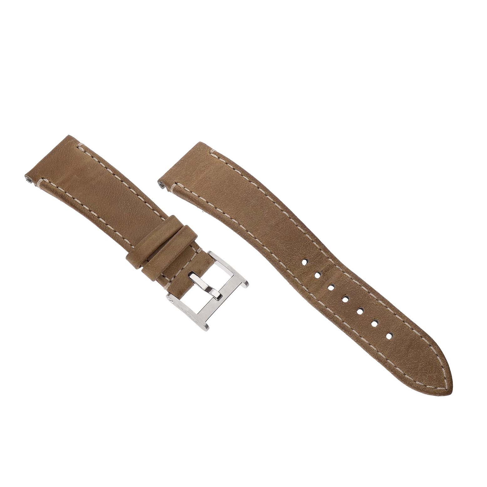 The image shows a brown leather strap for a Breguet Type XX - XXI - XXII 2067ST/92/SW0 Men's Stainless Steel Black Dial watch, featuring a buckle and adjustment holes.