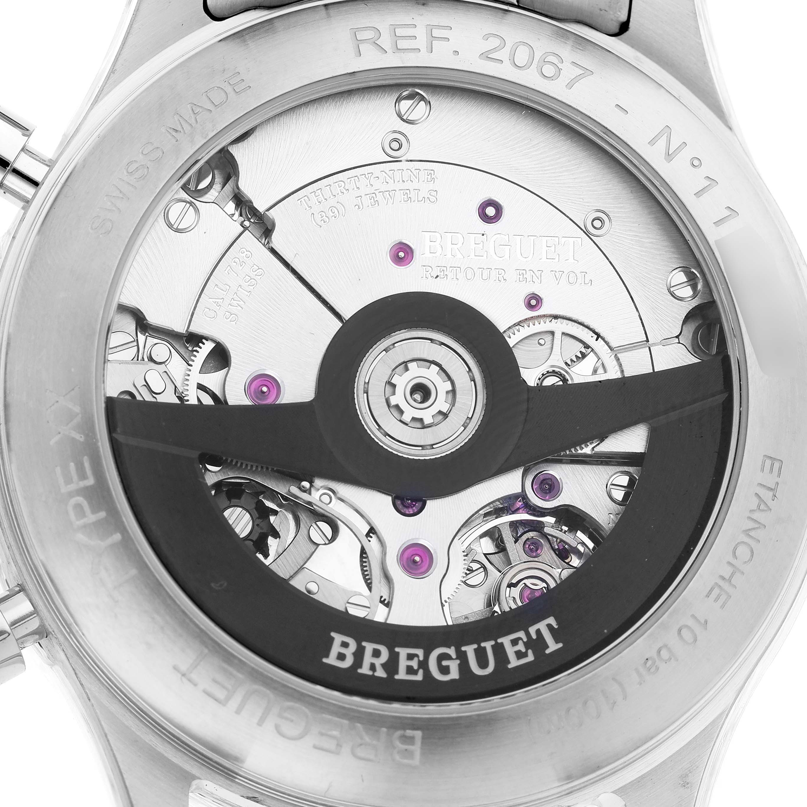 The image shows the back of a Breguet Type XX - XXI - XXII 2067ST/92/SW0 Men's Stainless Steel Black Dial watch, highlighting the rotor and movement details.