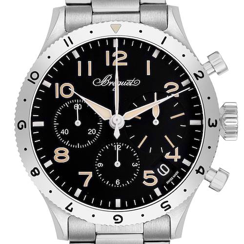 The Breguet Type XX - XXI - XXII 2067ST/92/SW0 Men's Stainless Steel Black Dial watch is shown from a front angle, displaying the dial, crown, and subdials clearly.
