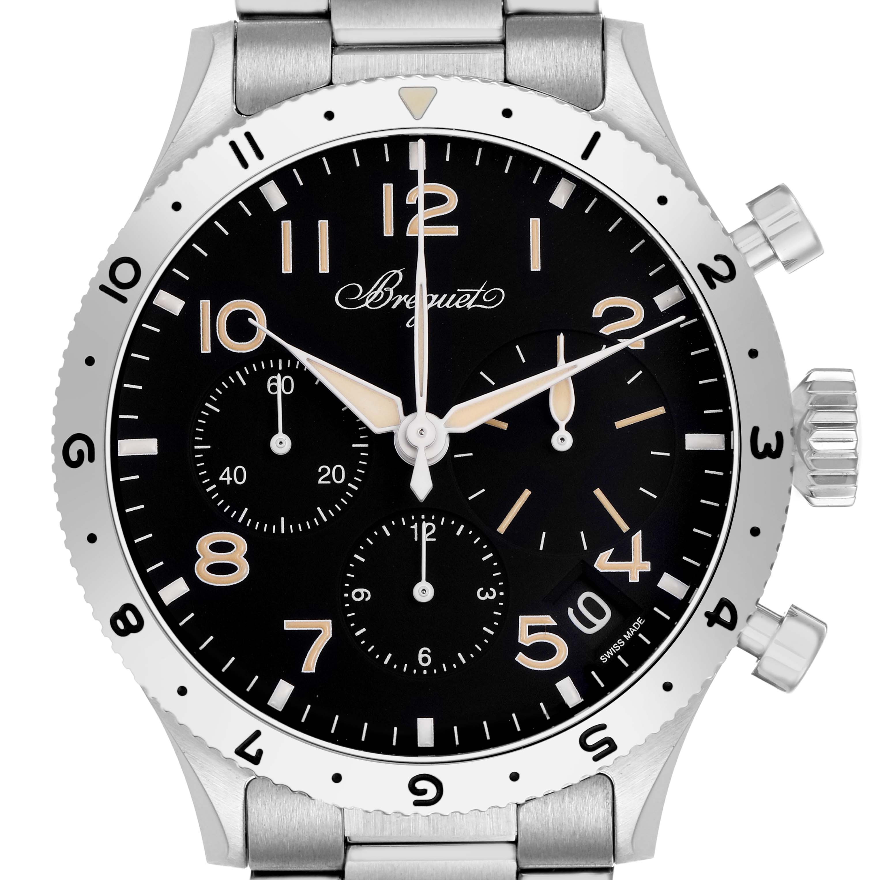 The Breguet Type XX - XXI - XXII 2067ST/92/SW0 Men's Stainless Steel Black Dial watch is shown from a front angle, displaying its dial, bezel, and crown.