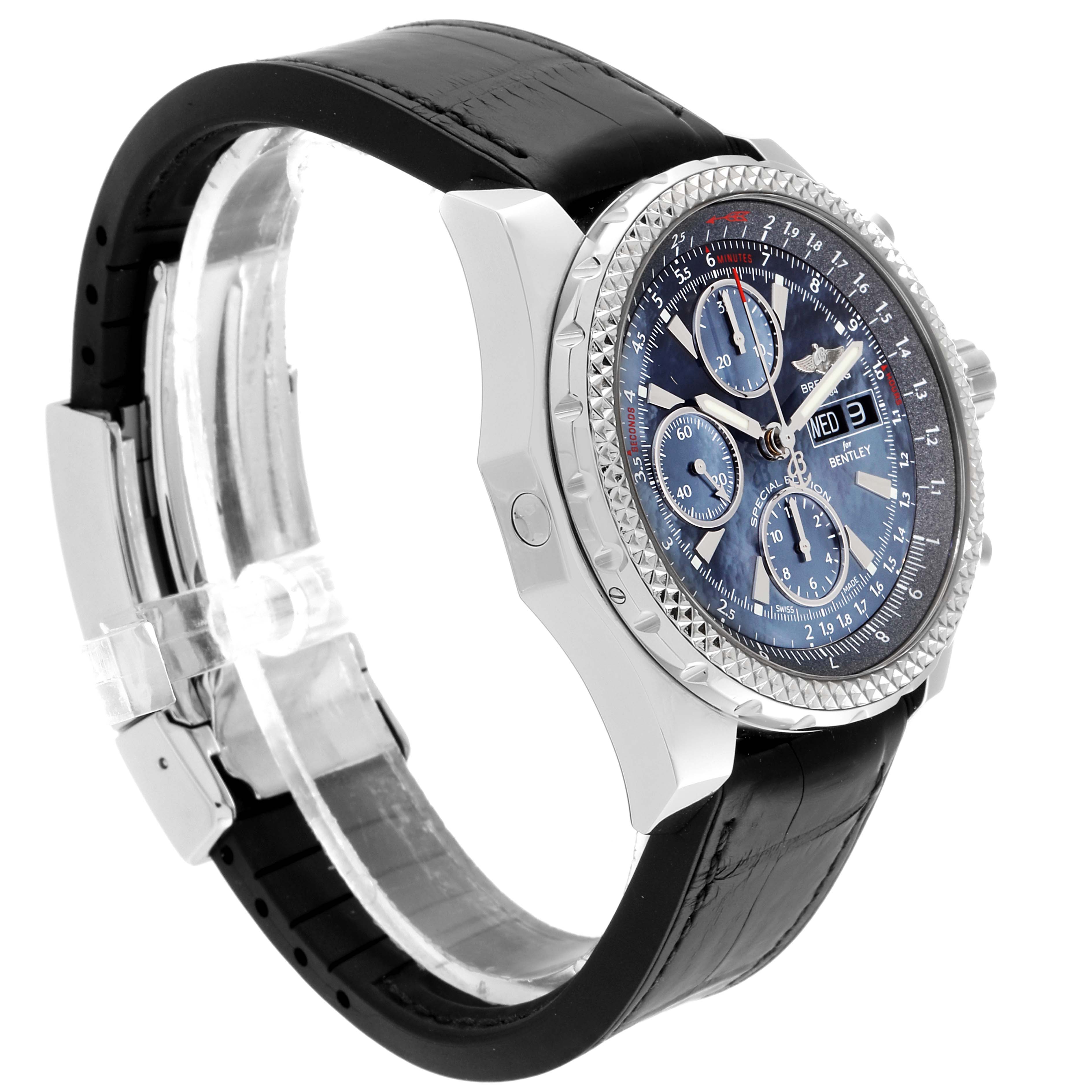 The image shows a side angle view of a Bentley model watch by Breitling, highlighting its dial, bezel, and leather strap.